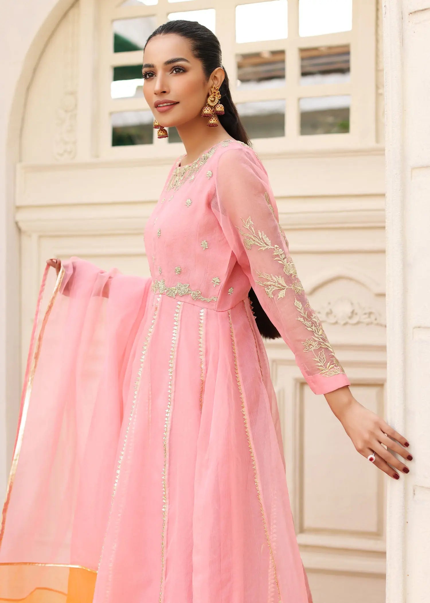 Pink Gota-Embroidered Organza Pishwas (2-Piece) - Image 6