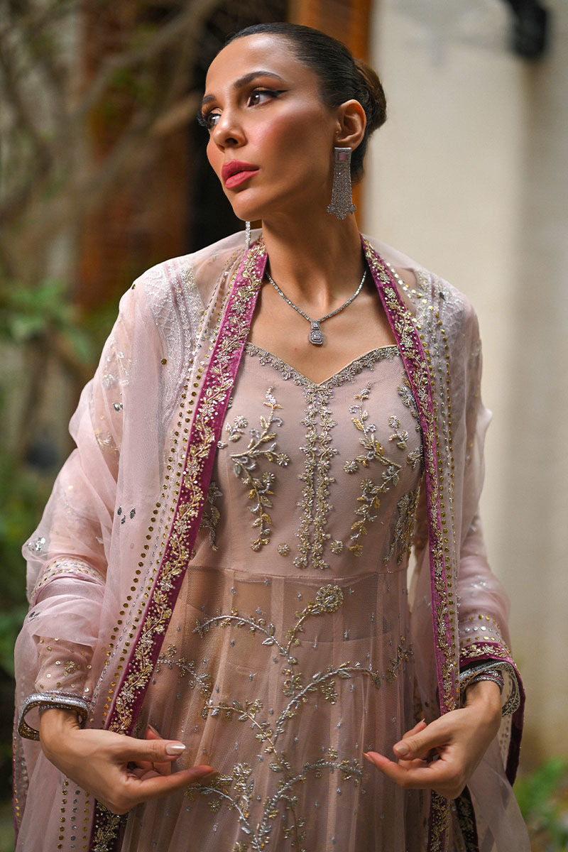 Pakistani Kashmiri Chai Pink Embroidered Organza Pishwas (3-Piece) - Image 5