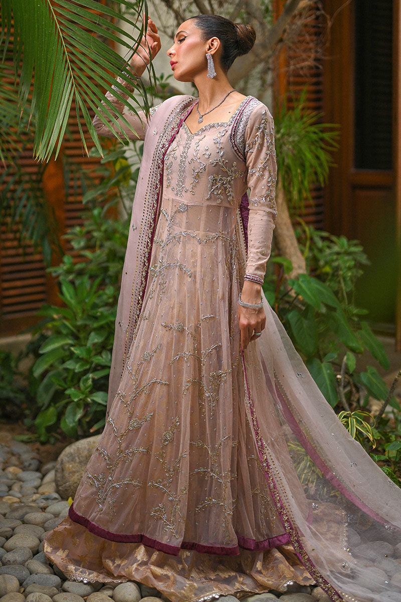 Pakistani Kashmiri Chai Pink Embroidered Organza Pishwas (3-Piece) - Image 7