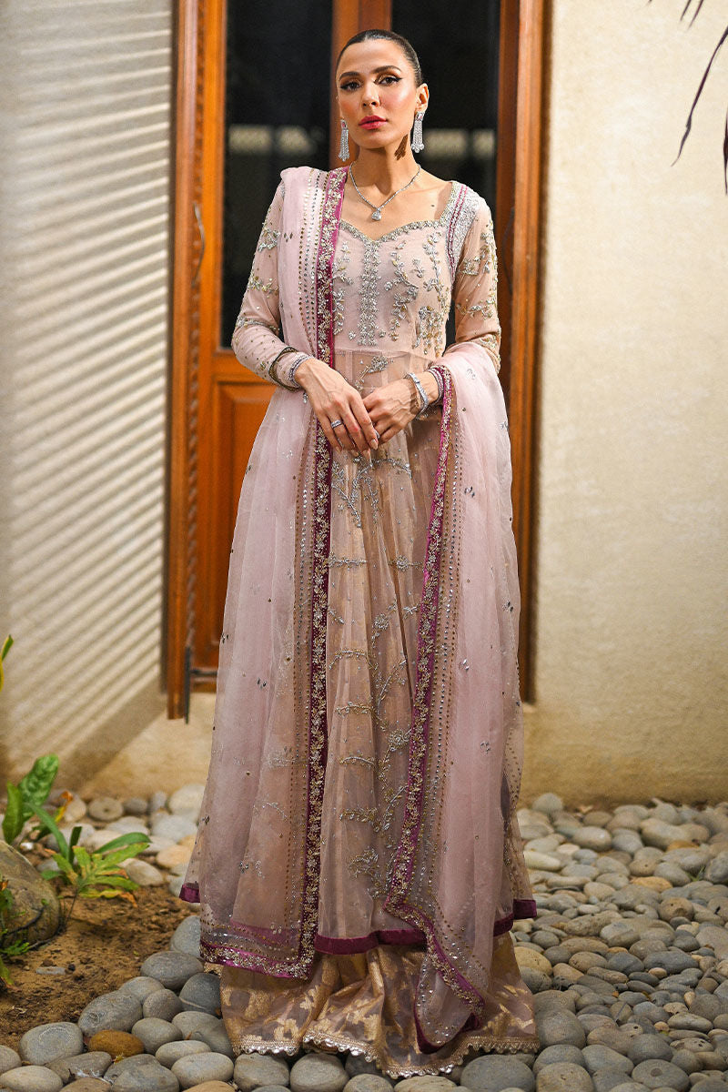 Kashmiri Chai Pink Embroidered Organza Pishwas (3-Piece) - Image 1