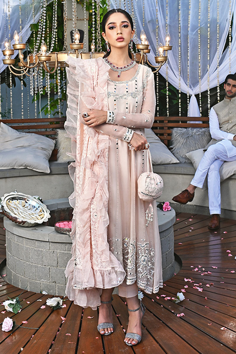 Pakistani Blush Pink Mirror Work Organza Pishwas (3-Piece) - Image 1