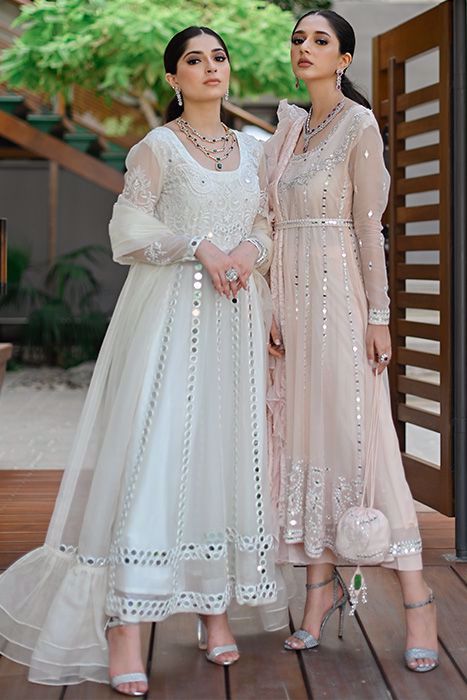 Pakistani Blush Pink Mirror Work Organza Pishwas (3-Piece) - Image 10