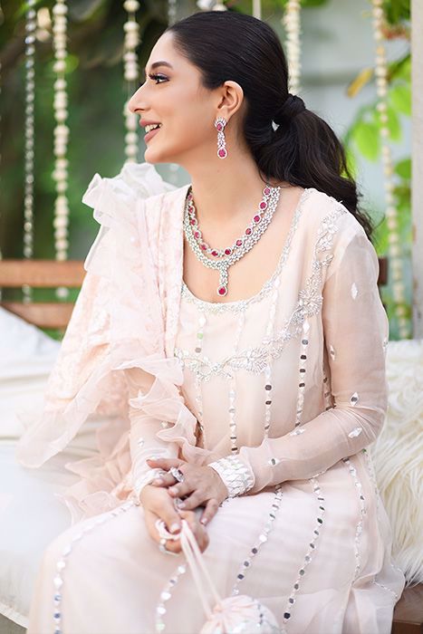 Pakistani Blush Pink Mirror Work Organza Pishwas (3-Piece) - Image 11