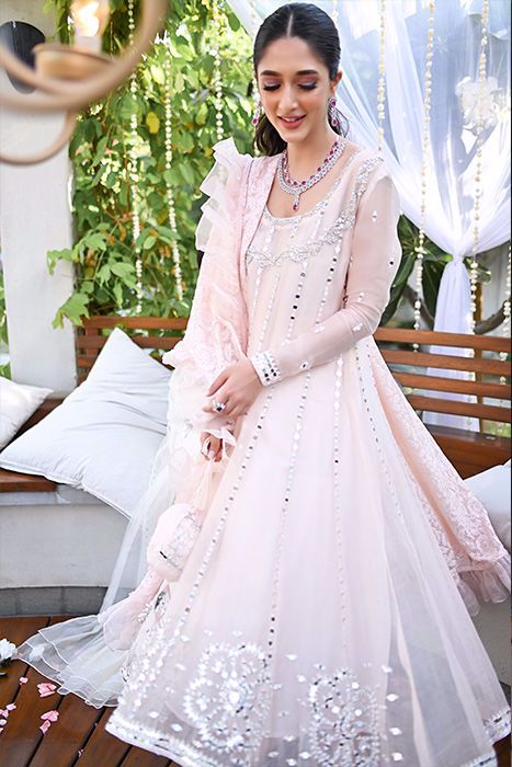 Pakistani Blush Pink Mirror Work Organza Pishwas (3-Piece) - Image 2