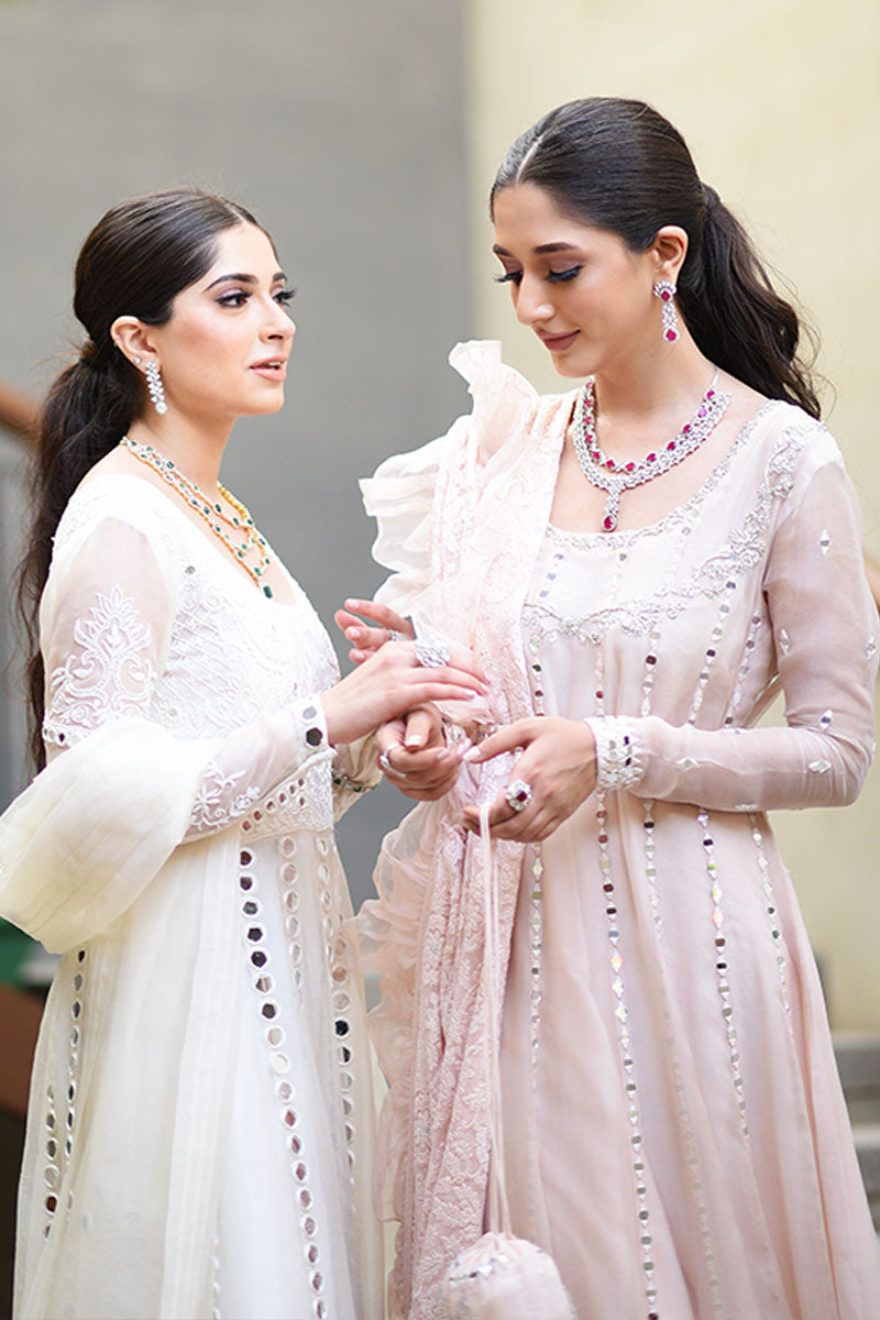 Pakistani Blush Pink Mirror Work Organza Pishwas (3-Piece) - Image 4