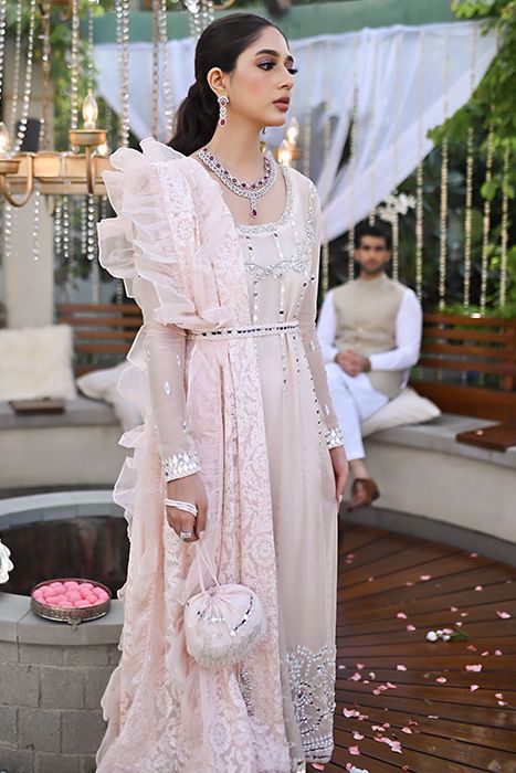 Pakistani Blush Pink Mirror Work Organza Pishwas (3-Piece) - Image 5