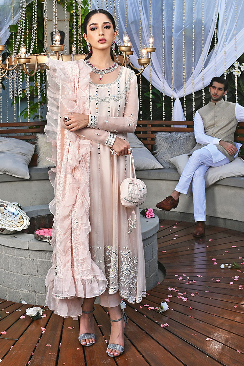 Pakistani Blush Pink Mirror Work Organza Pishwas (3-Piece) - Image 6