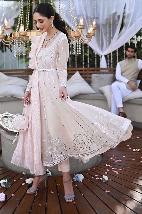 Pakistani Blush Pink Mirror Work Organza Pishwas (3-Piece) - Image 8