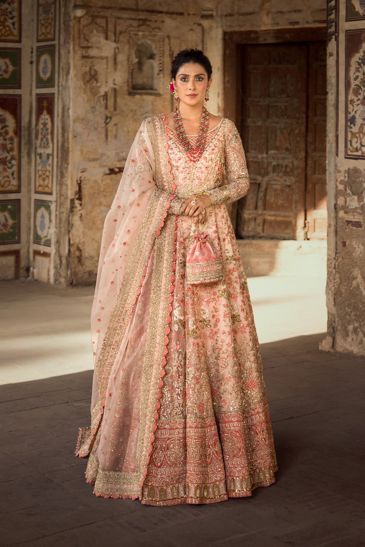 Pakistani Soft Pink Embroidered Organza Pishwas Dress (3-Piece) - Image 1