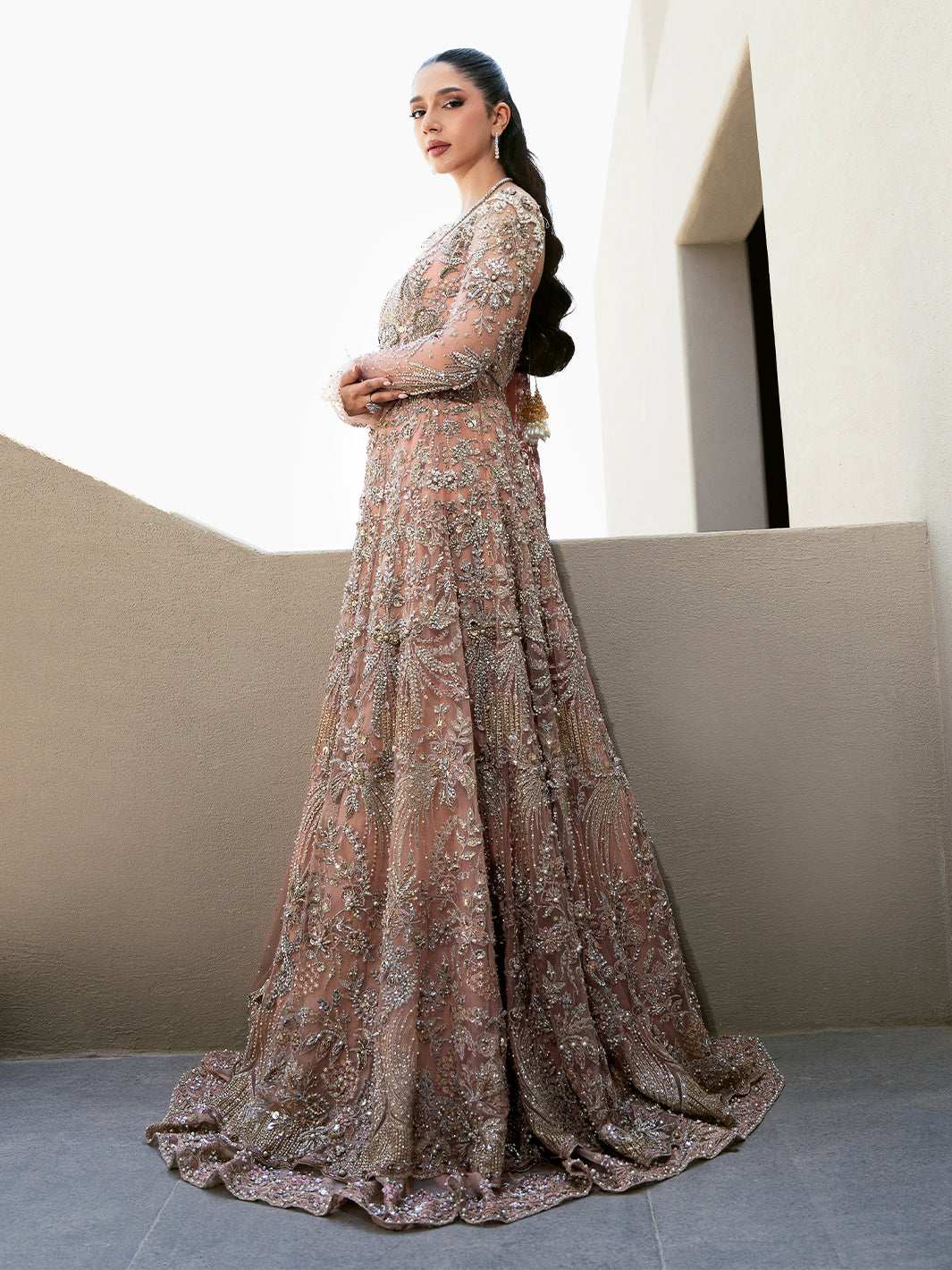 Pakistani Blush Pink Embroidered Organza Pishwas Dress (2-Piece) - Image 11