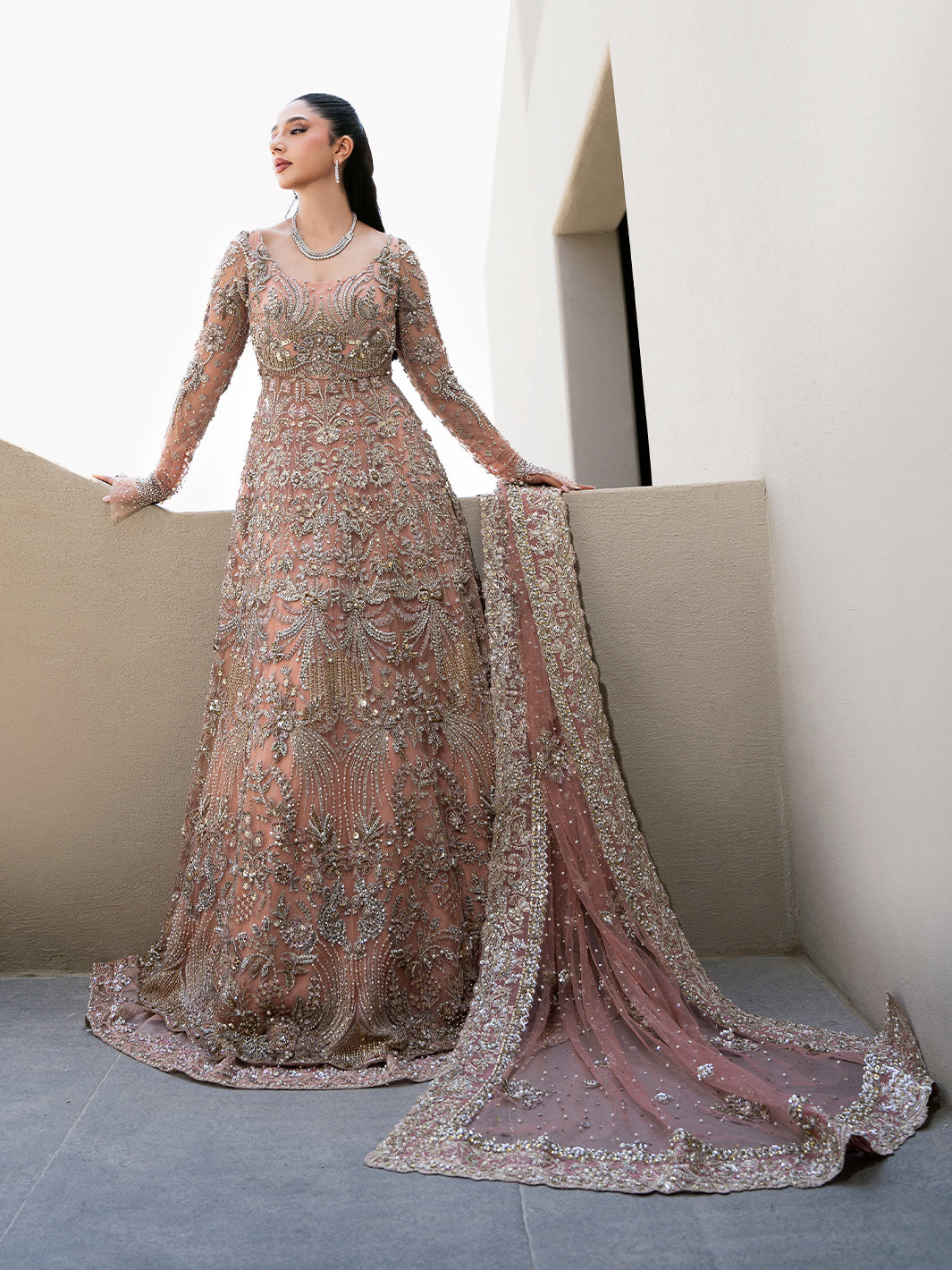 Pakistani Blush Pink Embroidered Organza Pishwas Dress (2-Piece) - Image 12