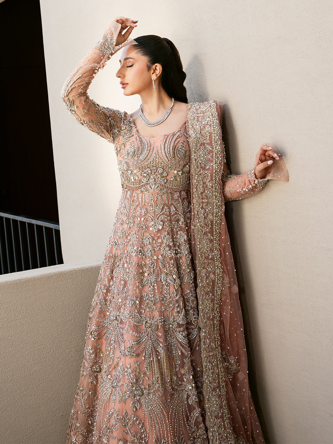 Pakistani Blush Pink Embroidered Organza Pishwas Dress (2-Piece) - Image 2