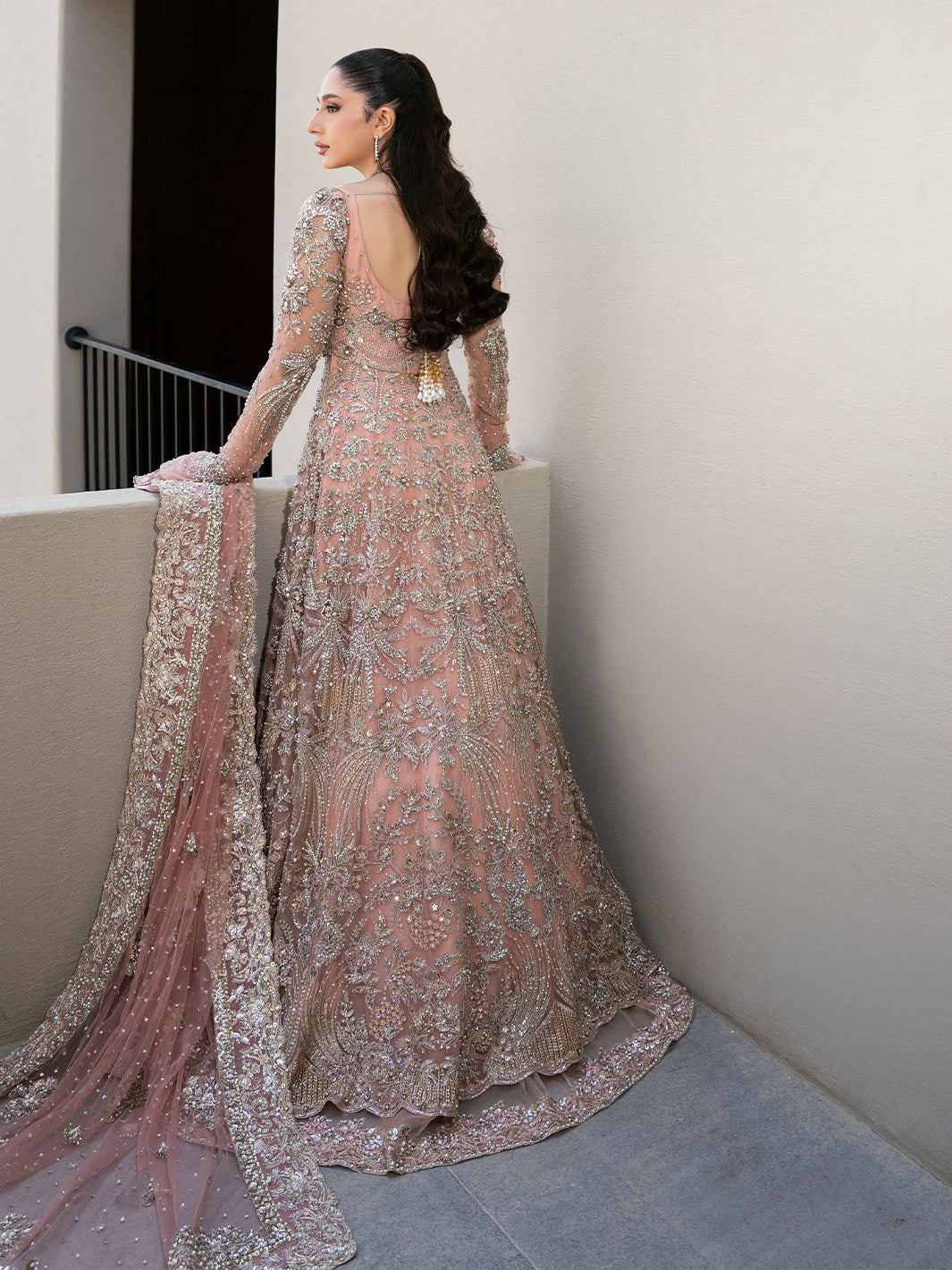 Pakistani Blush Pink Embroidered Organza Pishwas Dress (2-Piece) - Image 3