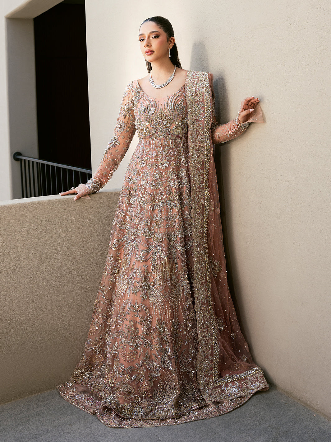 Pakistani Blush Pink Embroidered Organza Pishwas Dress (2-Piece) - Image 4