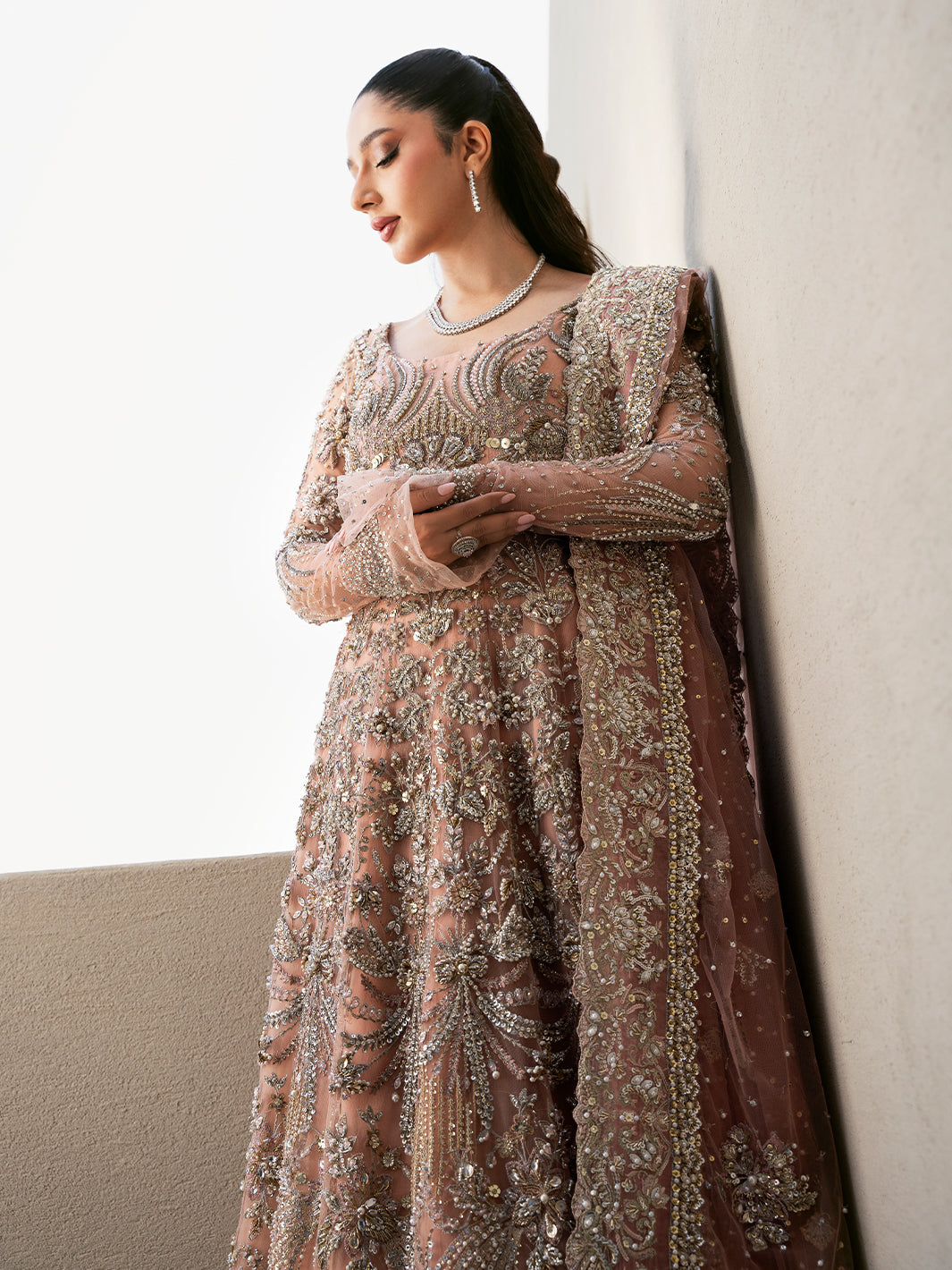 Pakistani Blush Pink Embroidered Organza Pishwas Dress (2-Piece) - Image 5