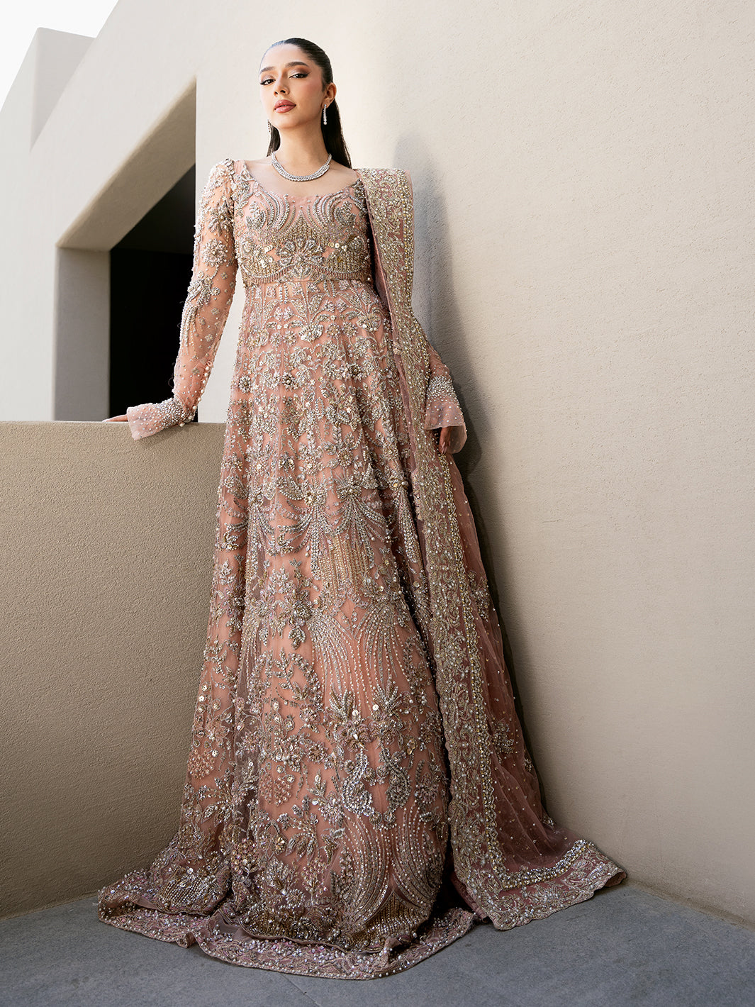 Pakistani Blush Pink Embroidered Organza Pishwas Dress (2-Piece) - Image 6