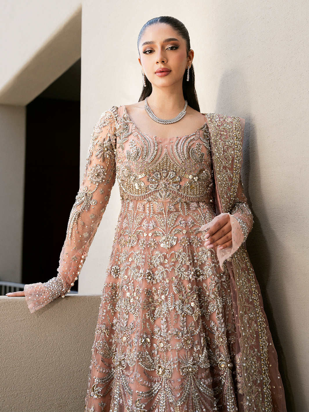 Pakistani Blush Pink Embroidered Organza Pishwas Dress (2-Piece) - Image 7
