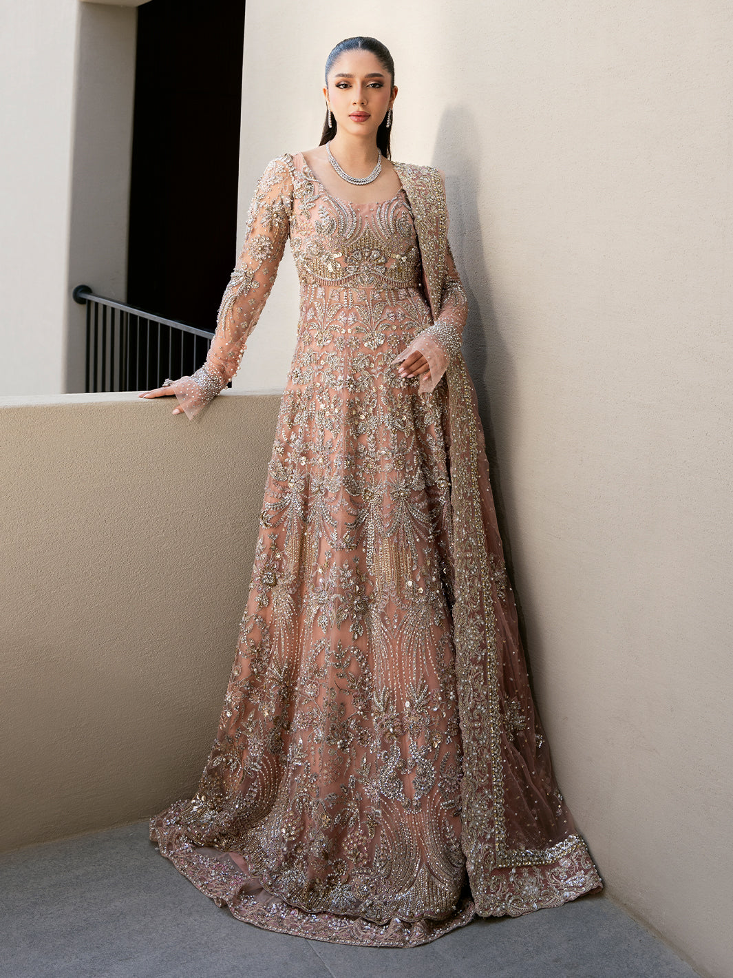 Pakistani Blush Pink Embroidered Organza Pishwas Dress (2-Piece) - Image 9
