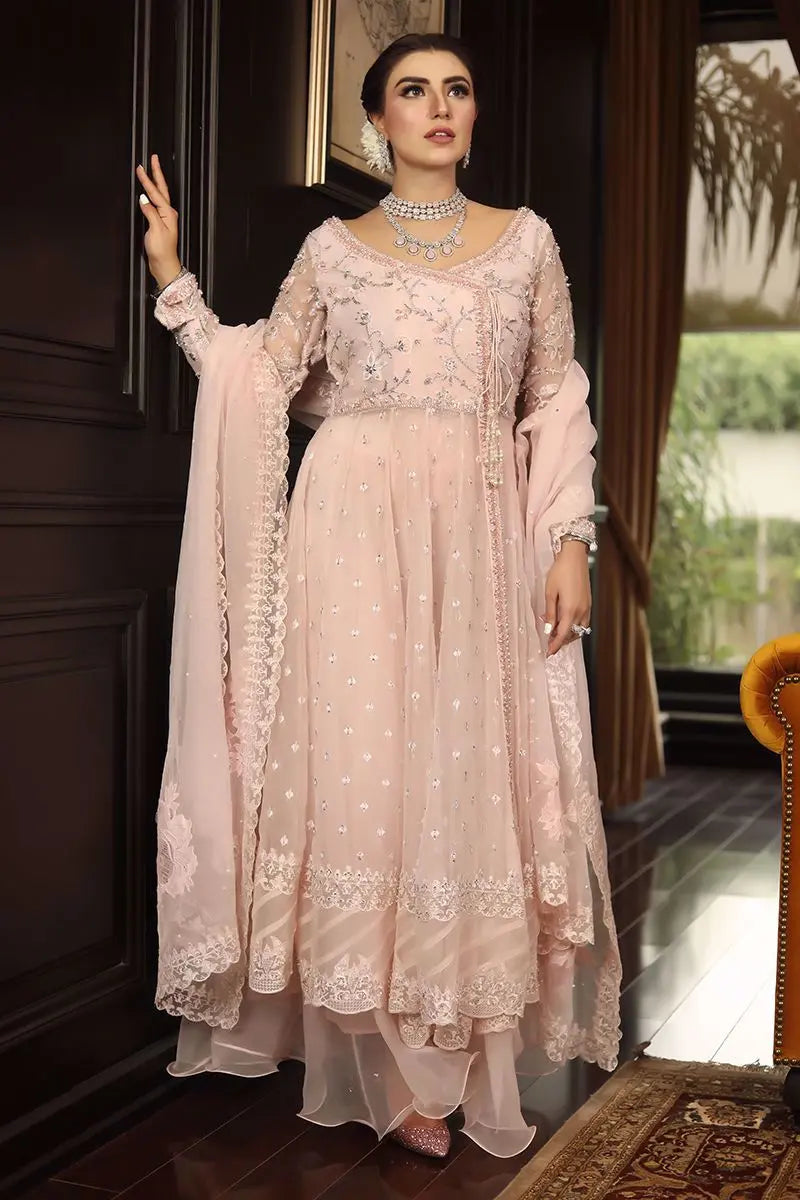 Pakistani Blush Pink Embroidered Organza Angrakha Pishwas (3-Piece) - Image 1
