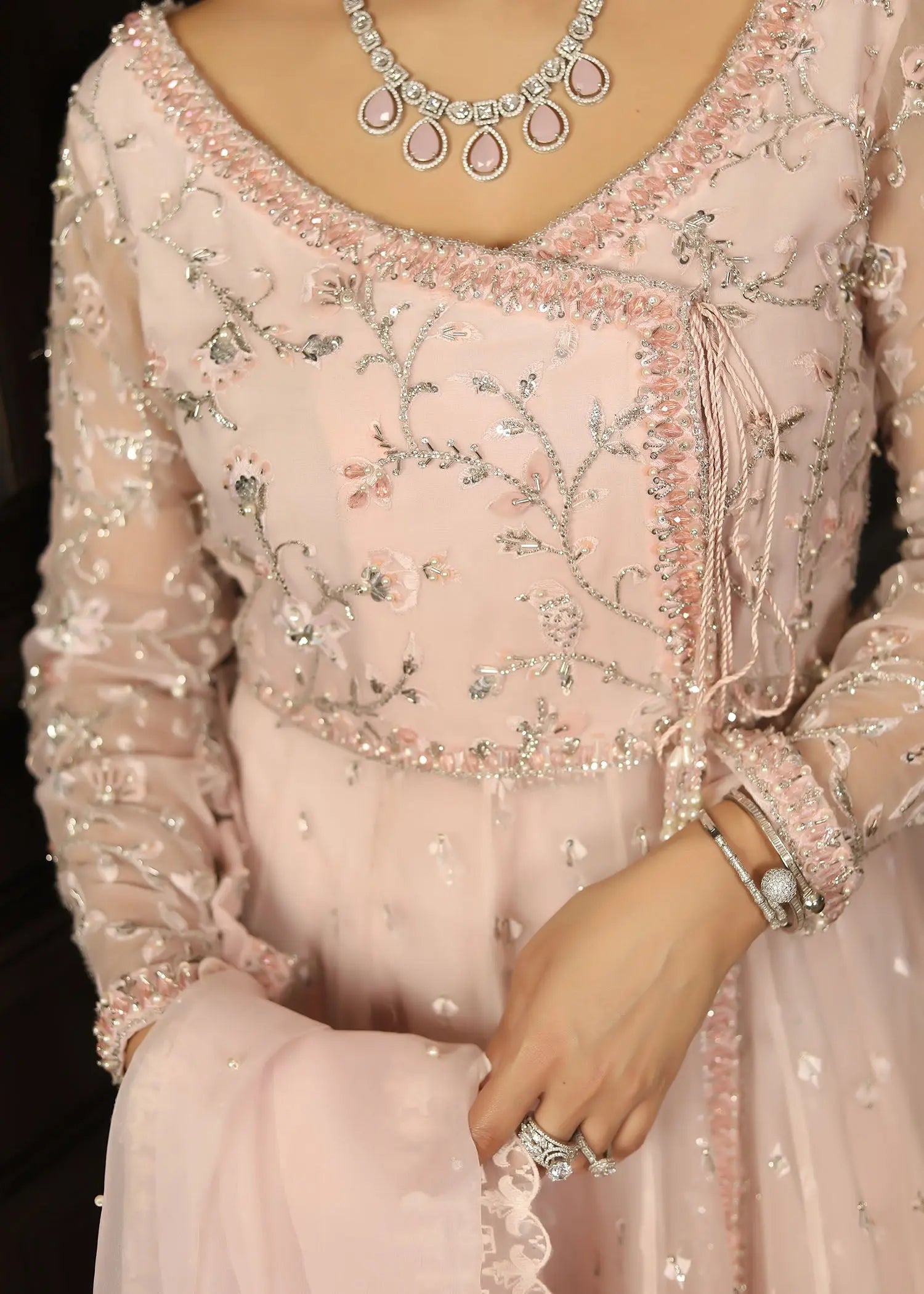 Pakistani Blush Pink Embroidered Organza Angrakha Pishwas (3-Piece) - Image 10