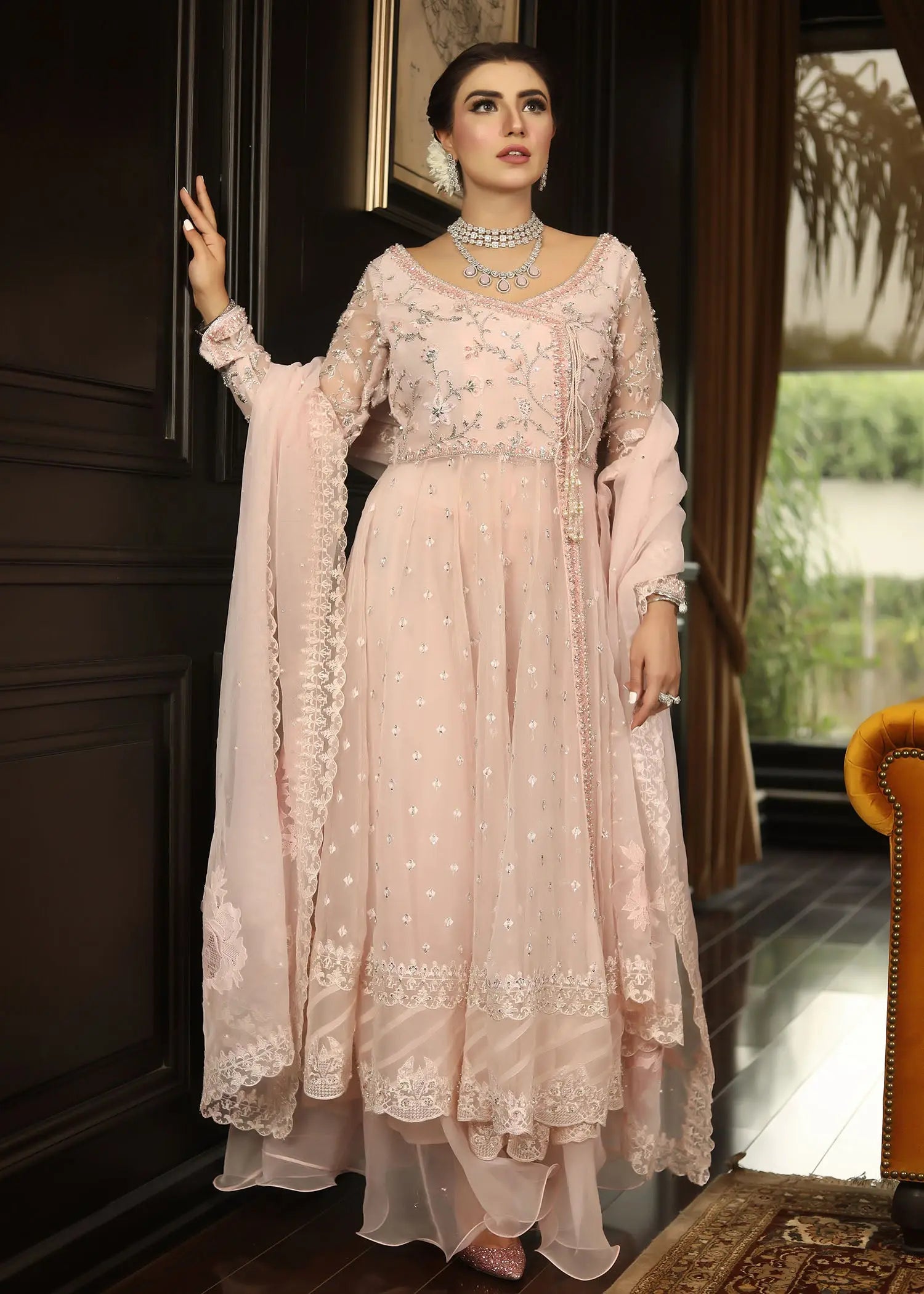 Pakistani Blush Pink Embroidered Organza Angrakha Pishwas (3-Piece) - Image 11