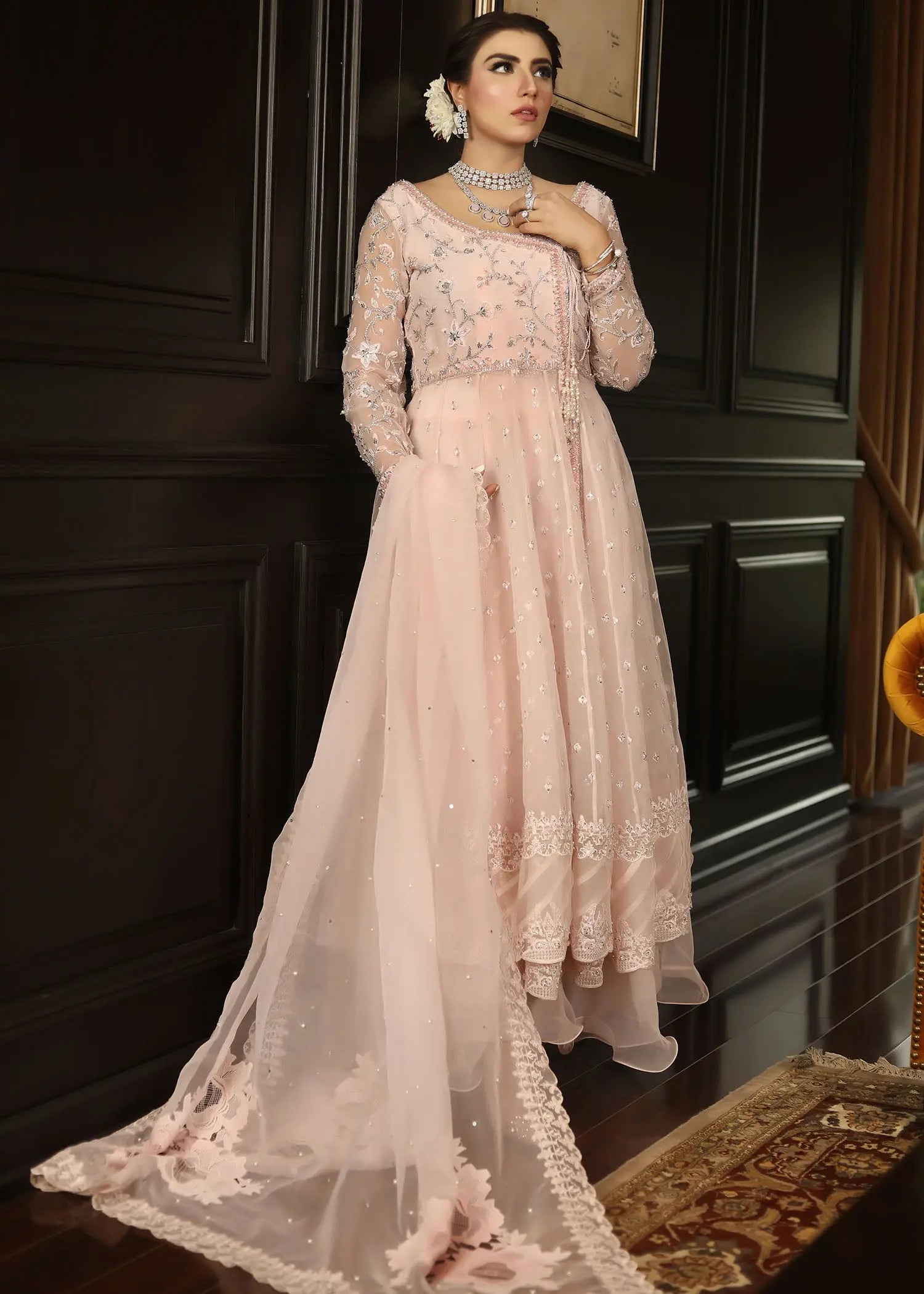 Pakistani Blush Pink Embroidered Organza Angrakha Pishwas (3-Piece) - Image 12
