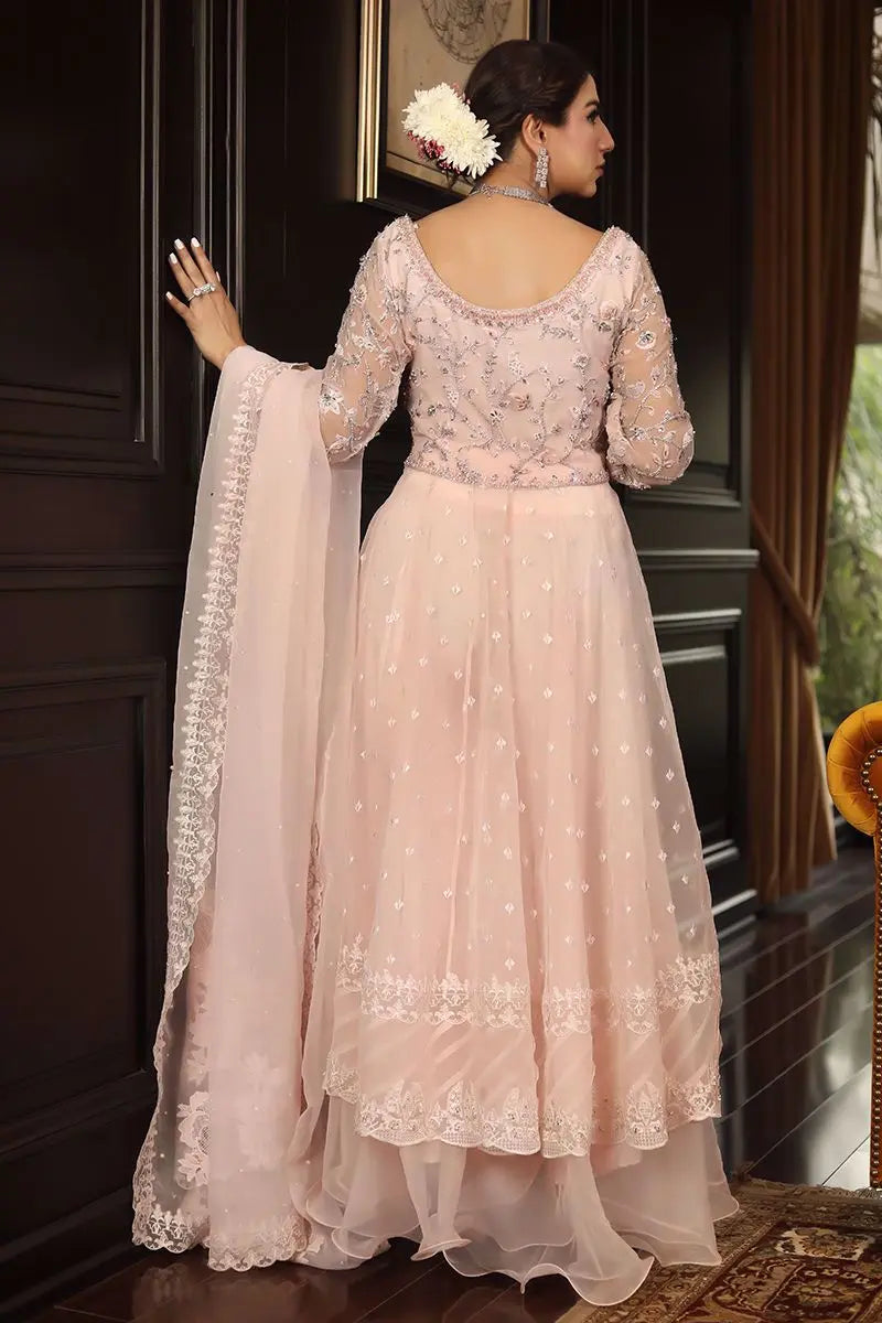 Pakistani Blush Pink Embroidered Organza Angrakha Pishwas (3-Piece) - Image 2
