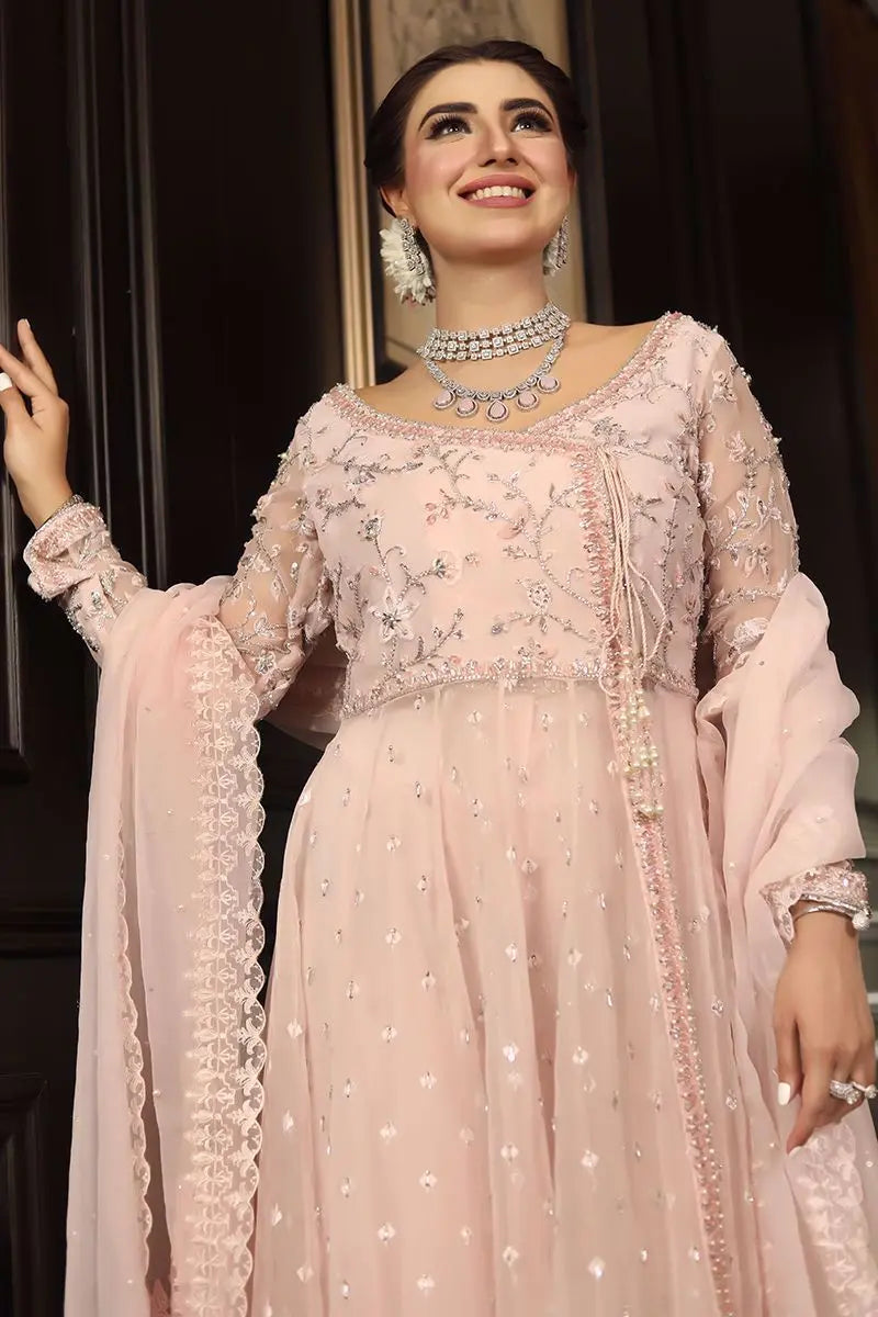 Pakistani Blush Pink Embroidered Organza Angrakha Pishwas (3-Piece) - Image 3