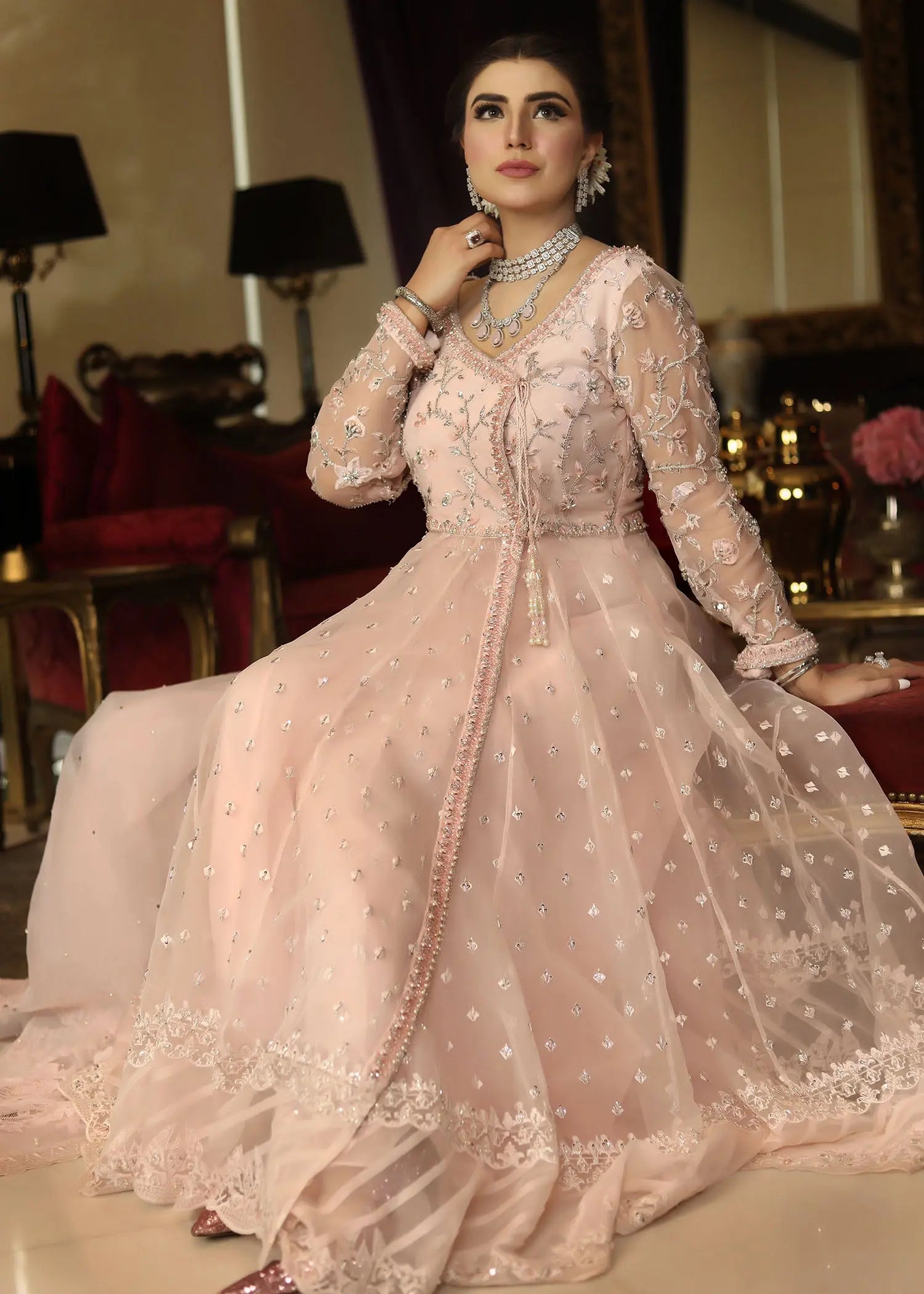 Pakistani Blush Pink Embroidered Organza Angrakha Pishwas (3-Piece) - Image 4