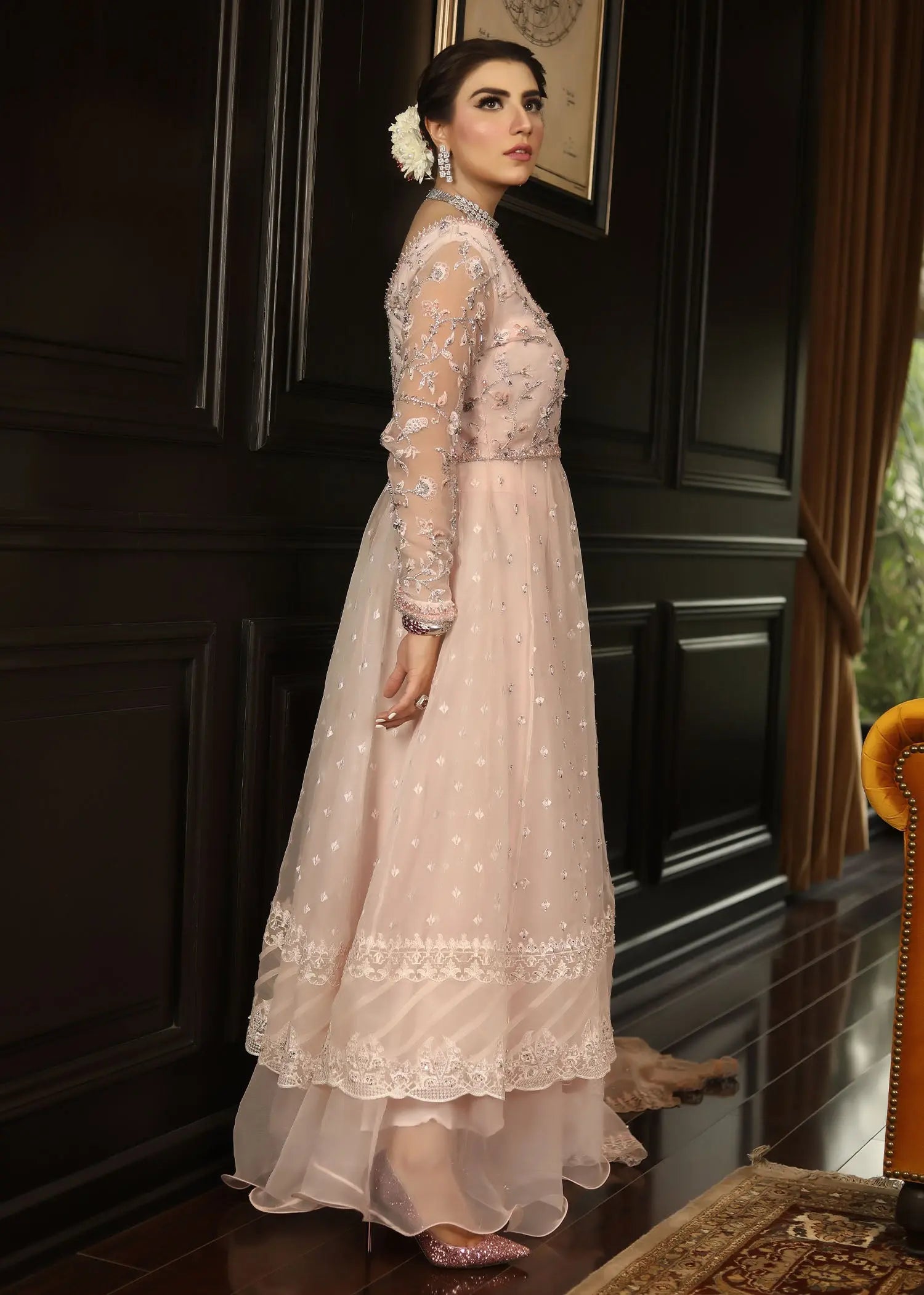 Pakistani Blush Pink Embroidered Organza Angrakha Pishwas (3-Piece) - Image 5