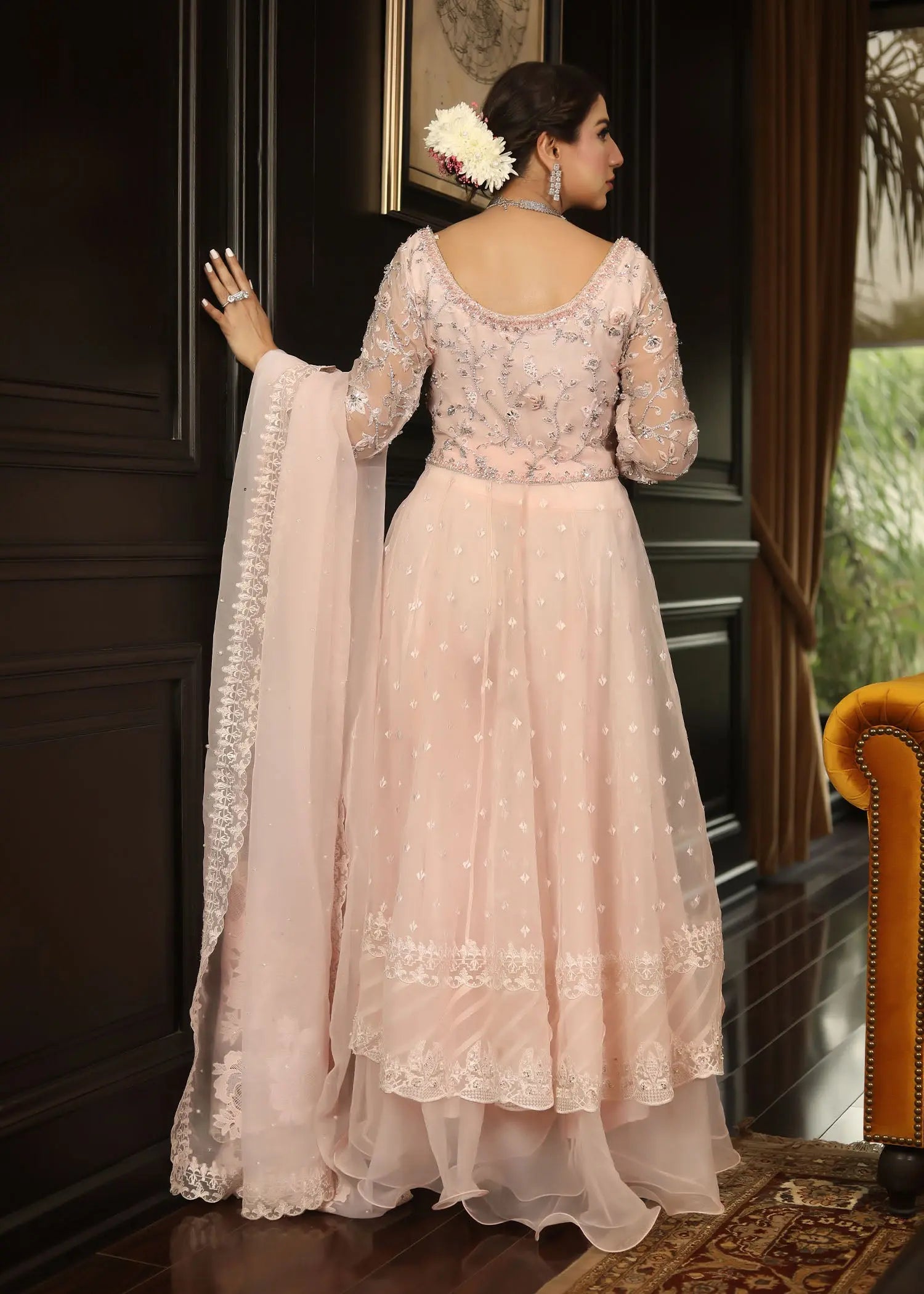 Pakistani Blush Pink Embroidered Organza Angrakha Pishwas (3-Piece) - Image 6