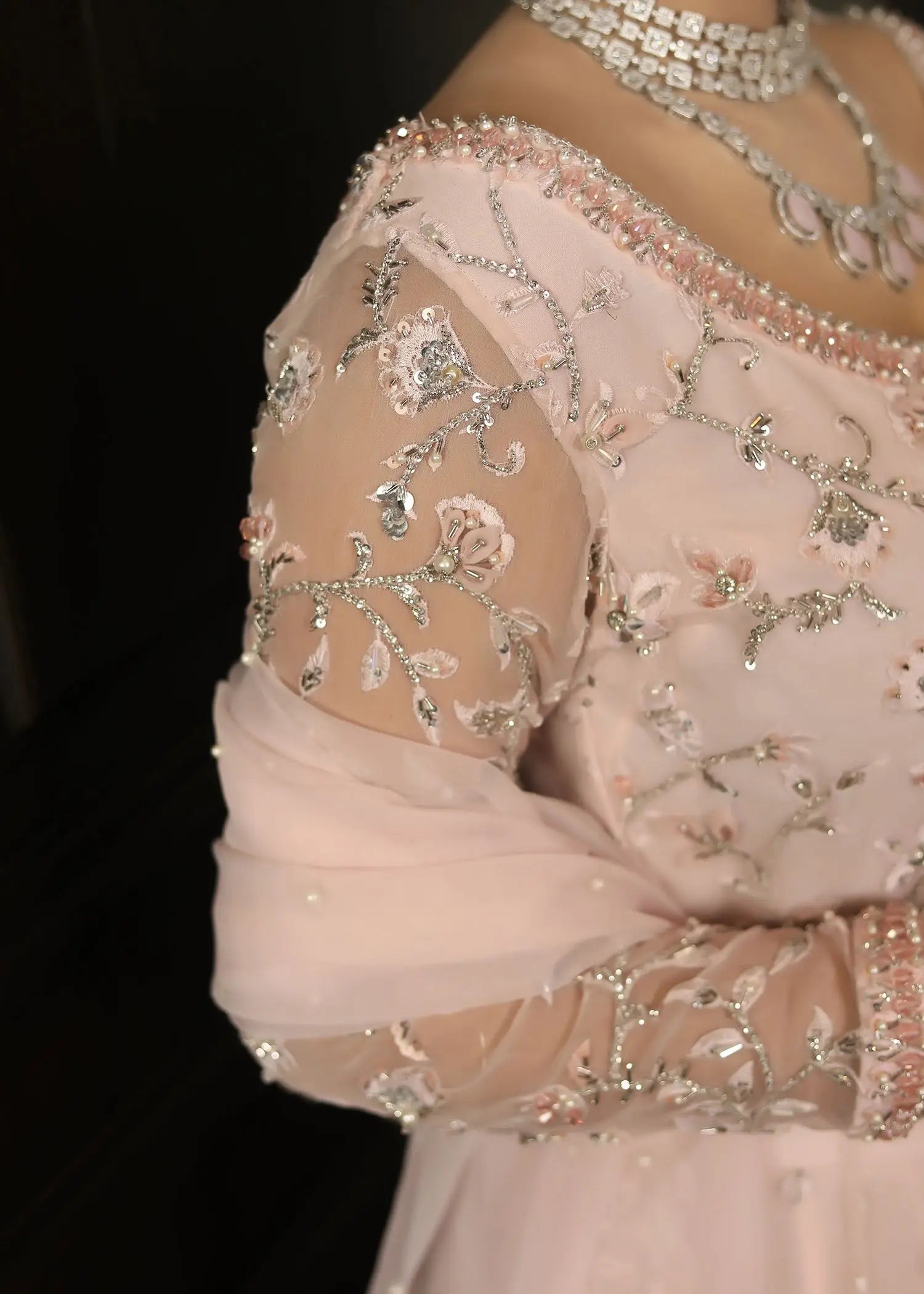 Pakistani Blush Pink Embroidered Organza Angrakha Pishwas (3-Piece) - Image 7