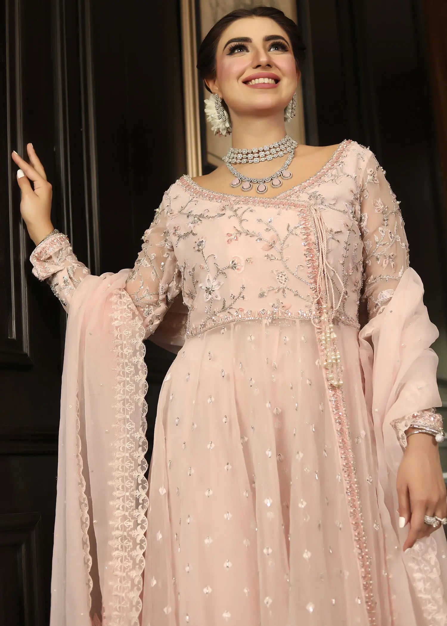 Pakistani Blush Pink Embroidered Organza Angrakha Pishwas (3-Piece) - Image 8