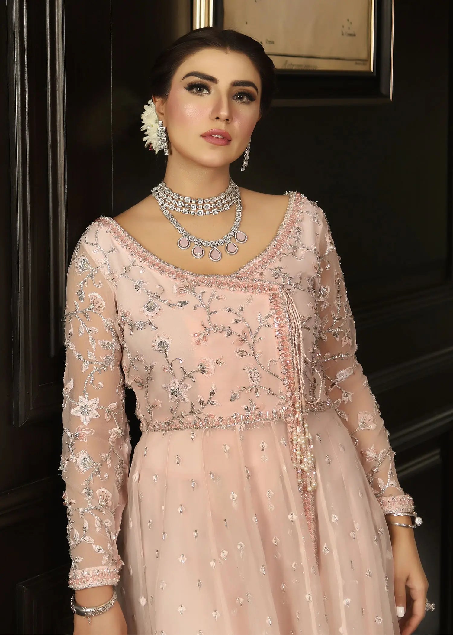 Pakistani Blush Pink Embroidered Organza Angrakha Pishwas (3-Piece) - Image 9