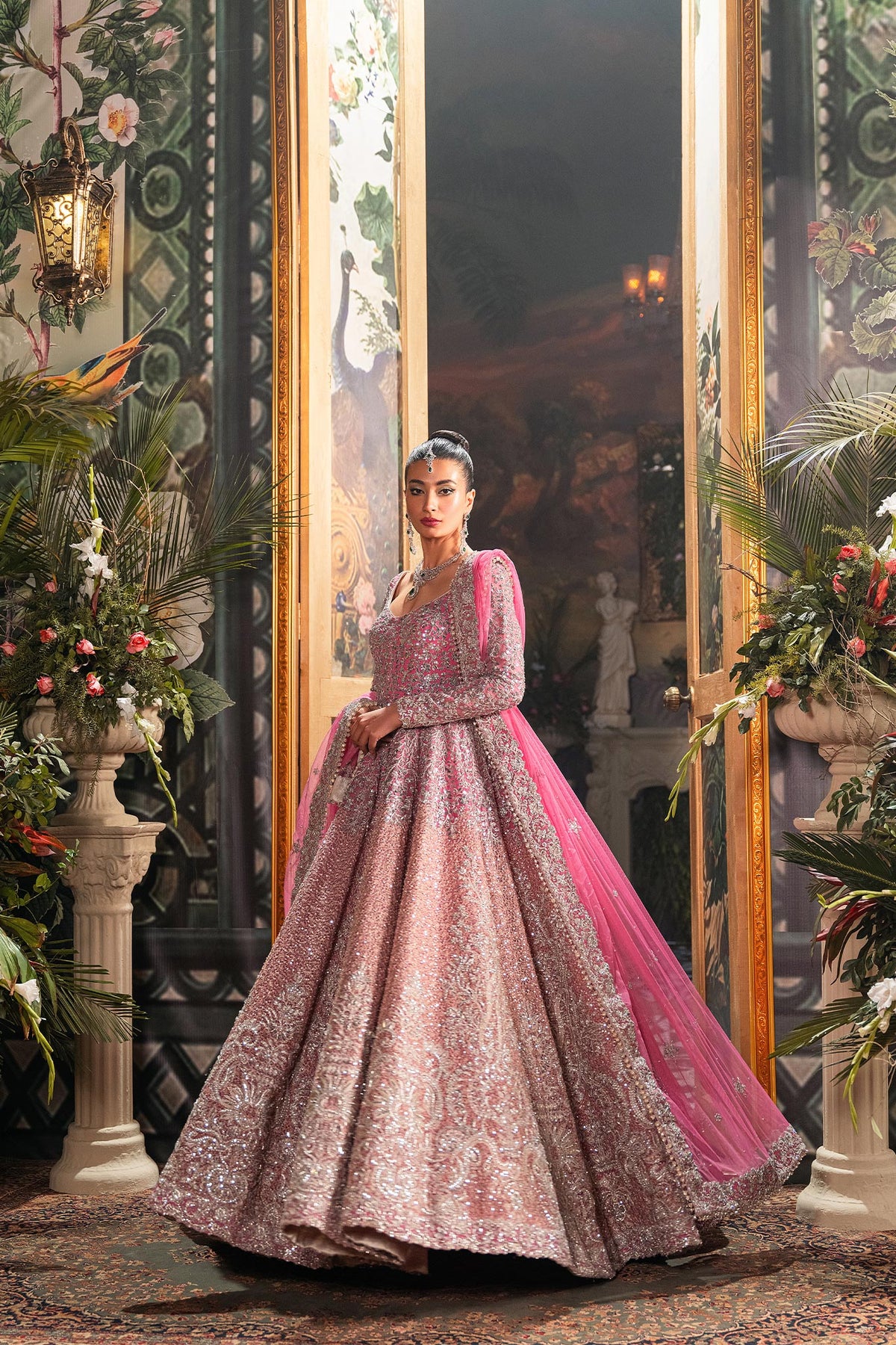 Pakistani Pink Zardozi Embroidered Net & Organza Bridal Pishwas (3-Piece) - Image 1