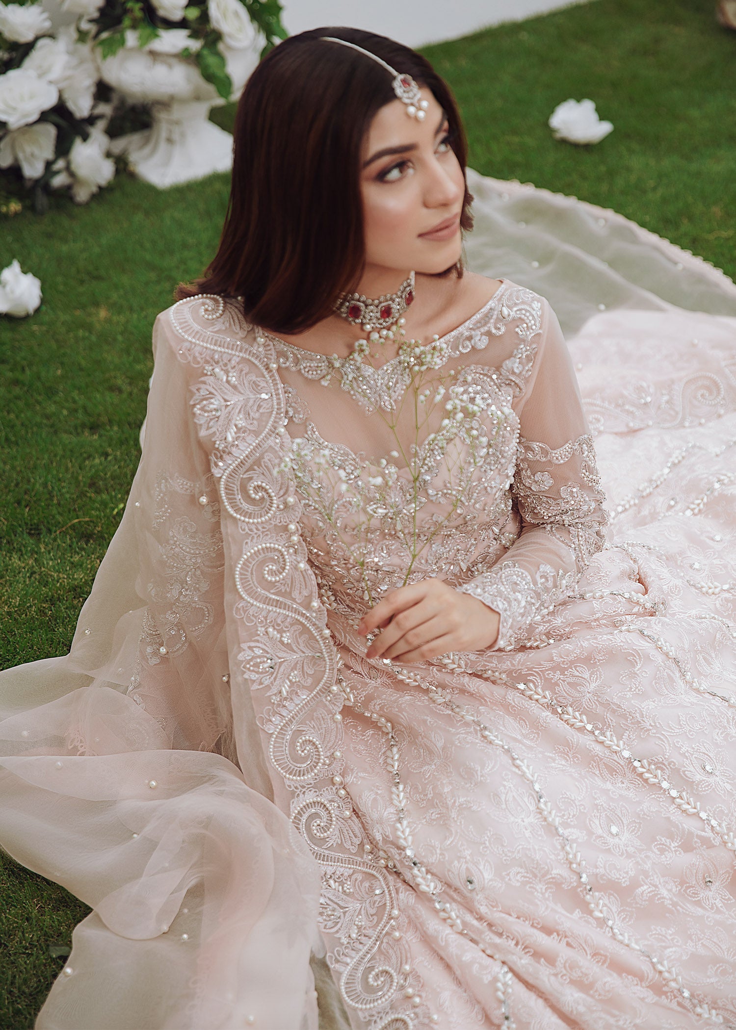 Powder Pink Embroidered Net Organza Pishwas Dress (3-Piece) - Image 5