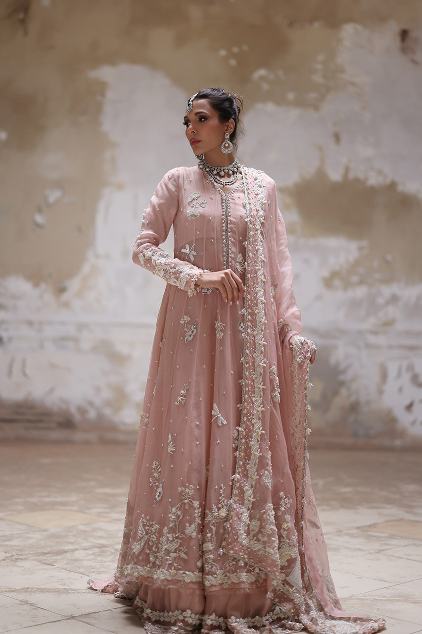 Pakistani Nude Pink Embroidered Organza Pishwas Dress (3-Piece) - Image 4
