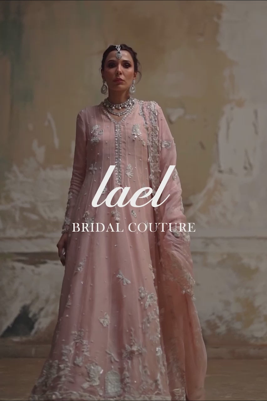 Pakistani Nude Pink Embroidered Organza Pishwas Dress (3-Piece) - Image 8