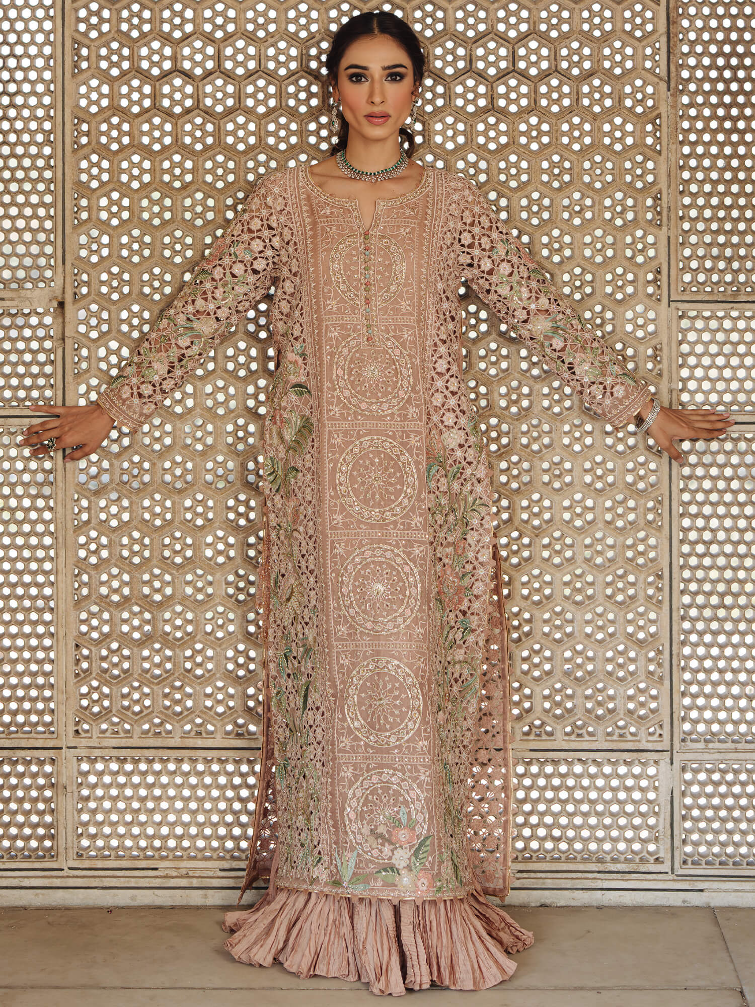 Pakistani Opal Pink Zardozi Organza Pishwas (1-Pc) - Image 1