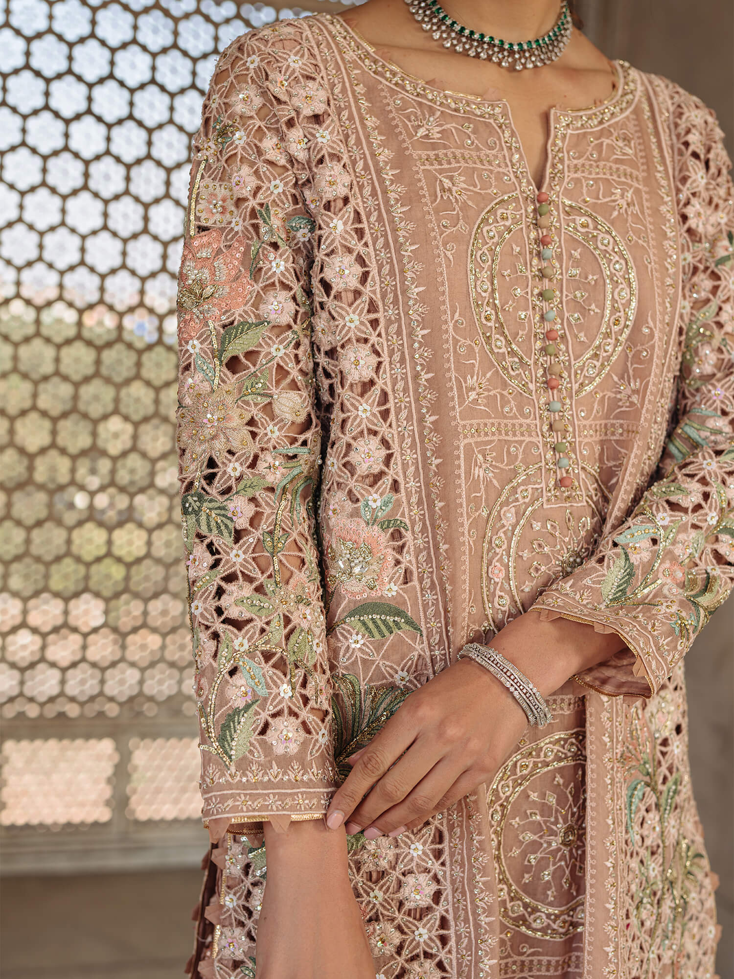 Pakistani Opal Pink Zardozi Organza Pishwas (1-Pc) - Image 2