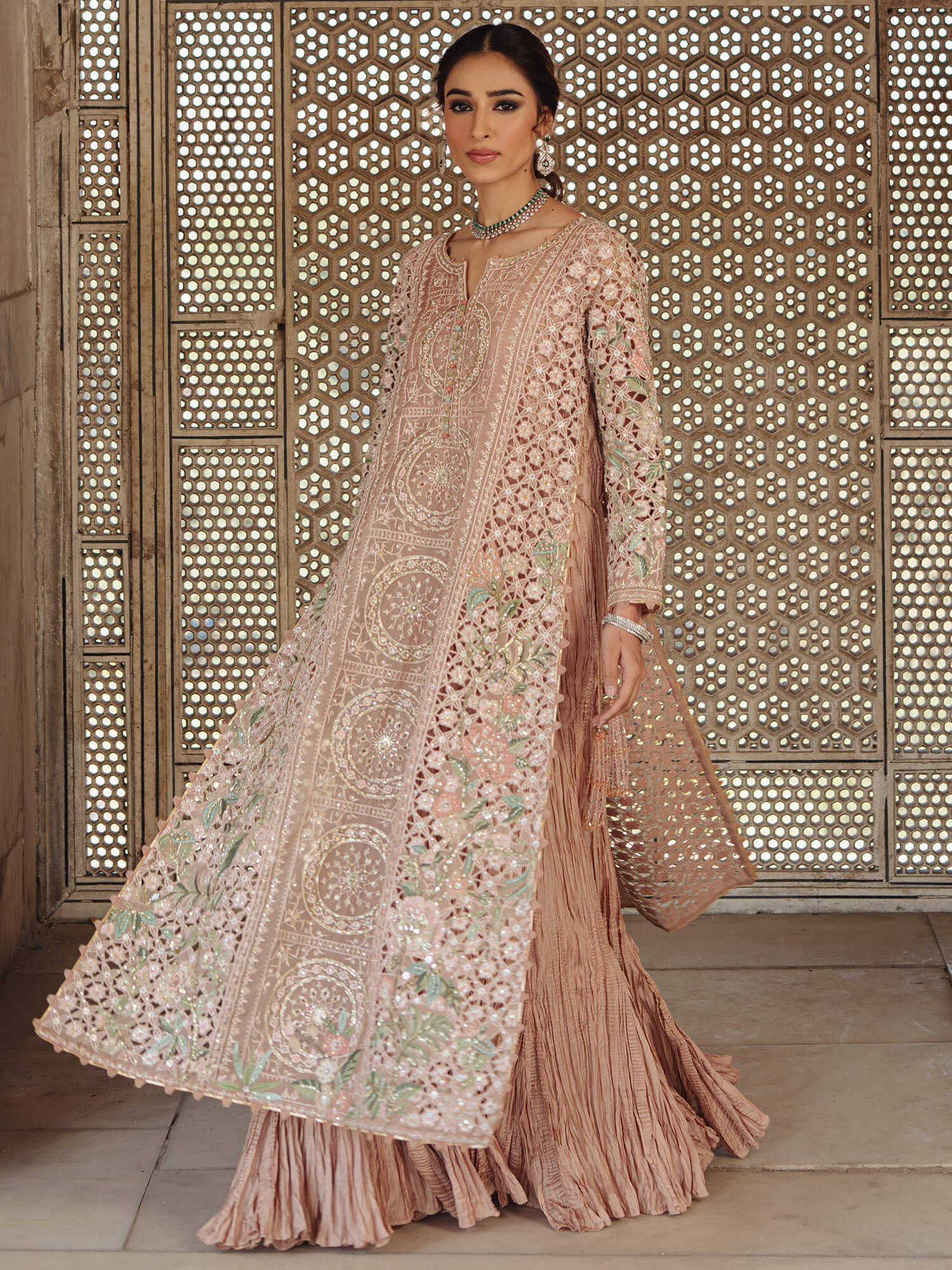 Pakistani Opal Pink Zardozi Organza Pishwas (1-Pc) - Image 3