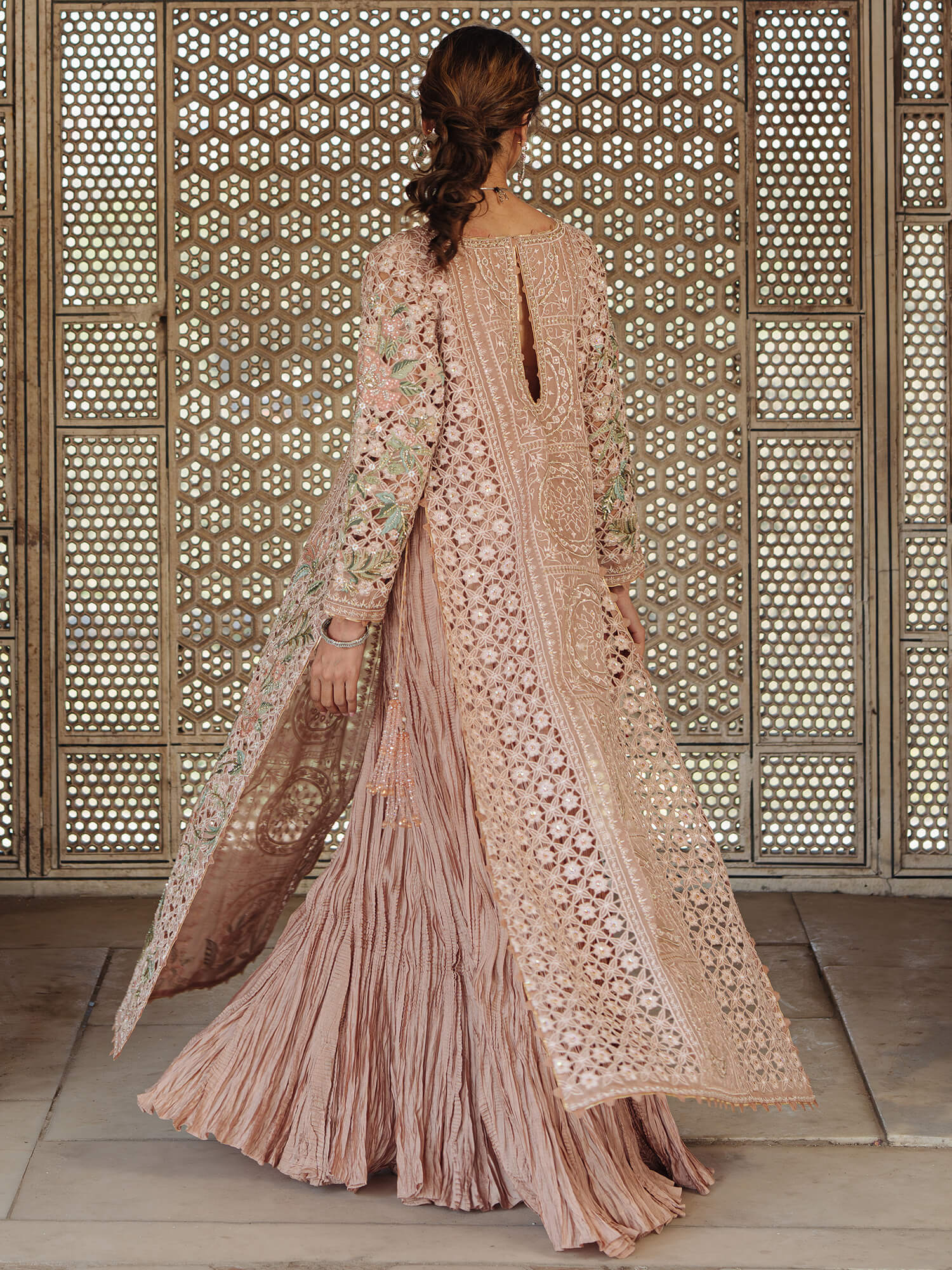 Pakistani Opal Pink Zardozi Organza Pishwas (1-Pc) - Image 4