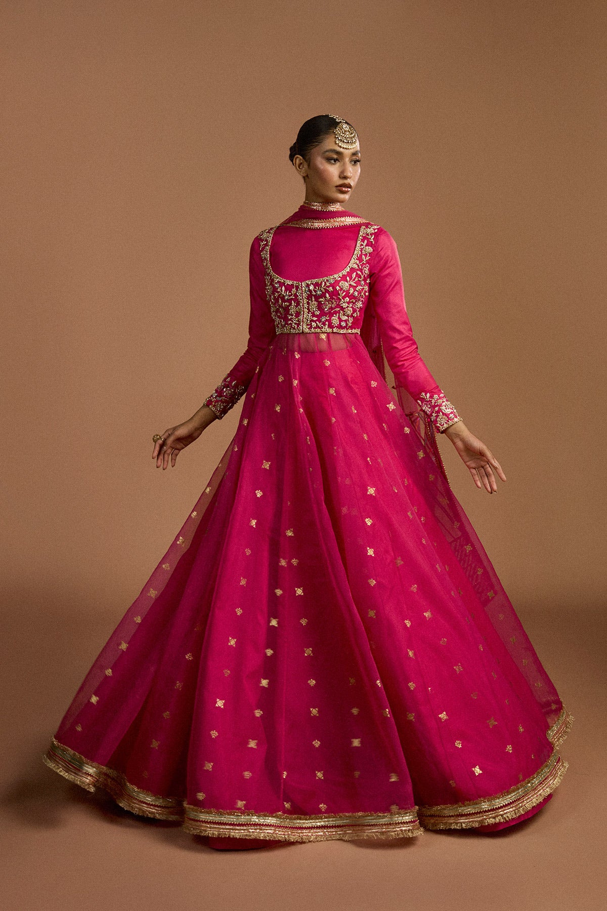 Pakistani Hot Pink Zardozi Organza Pishwas Dress (3-Piece) - Image 2