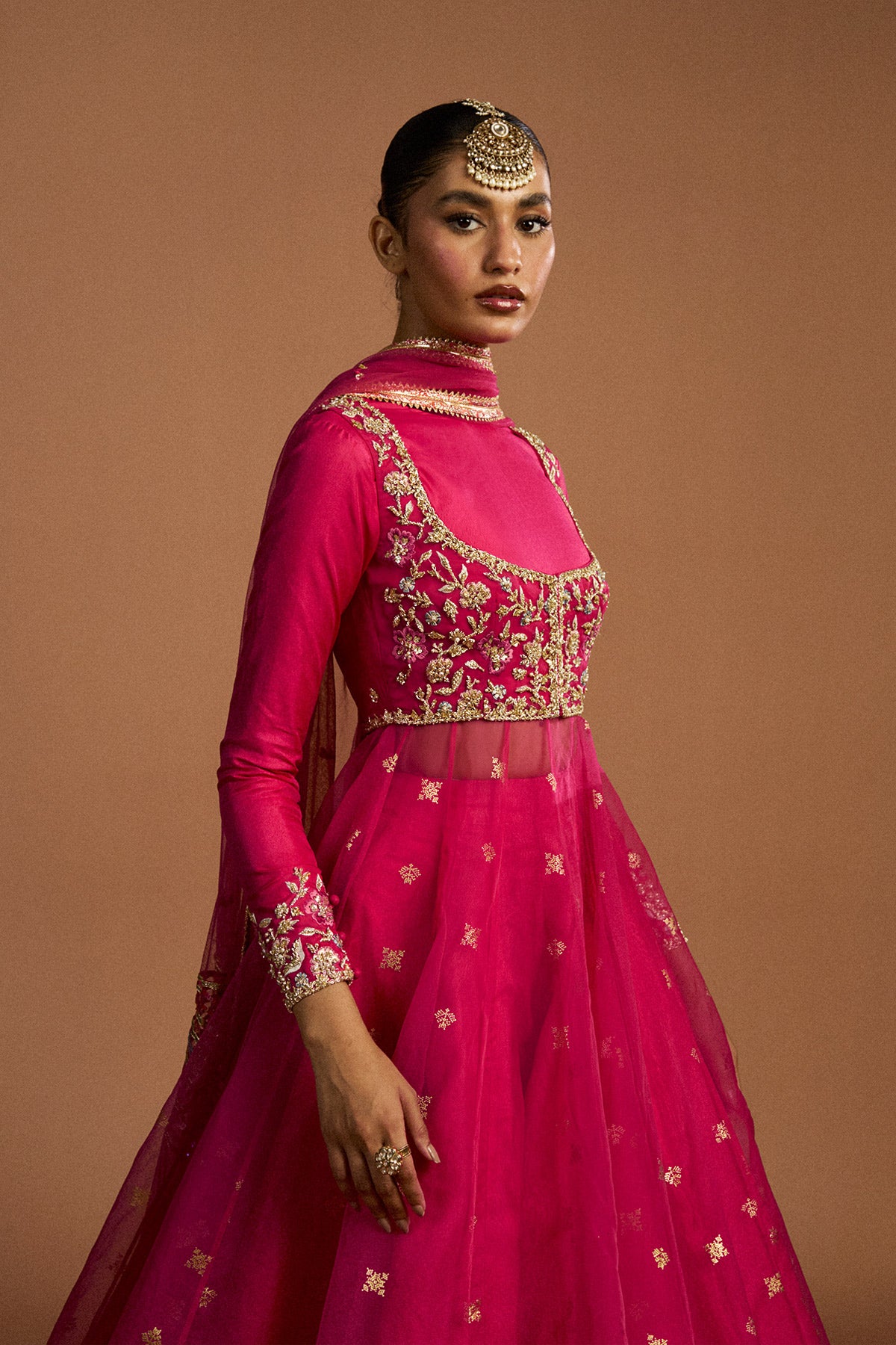 Pakistani Hot Pink Zardozi Organza Pishwas Dress (3-Piece) - Image 3