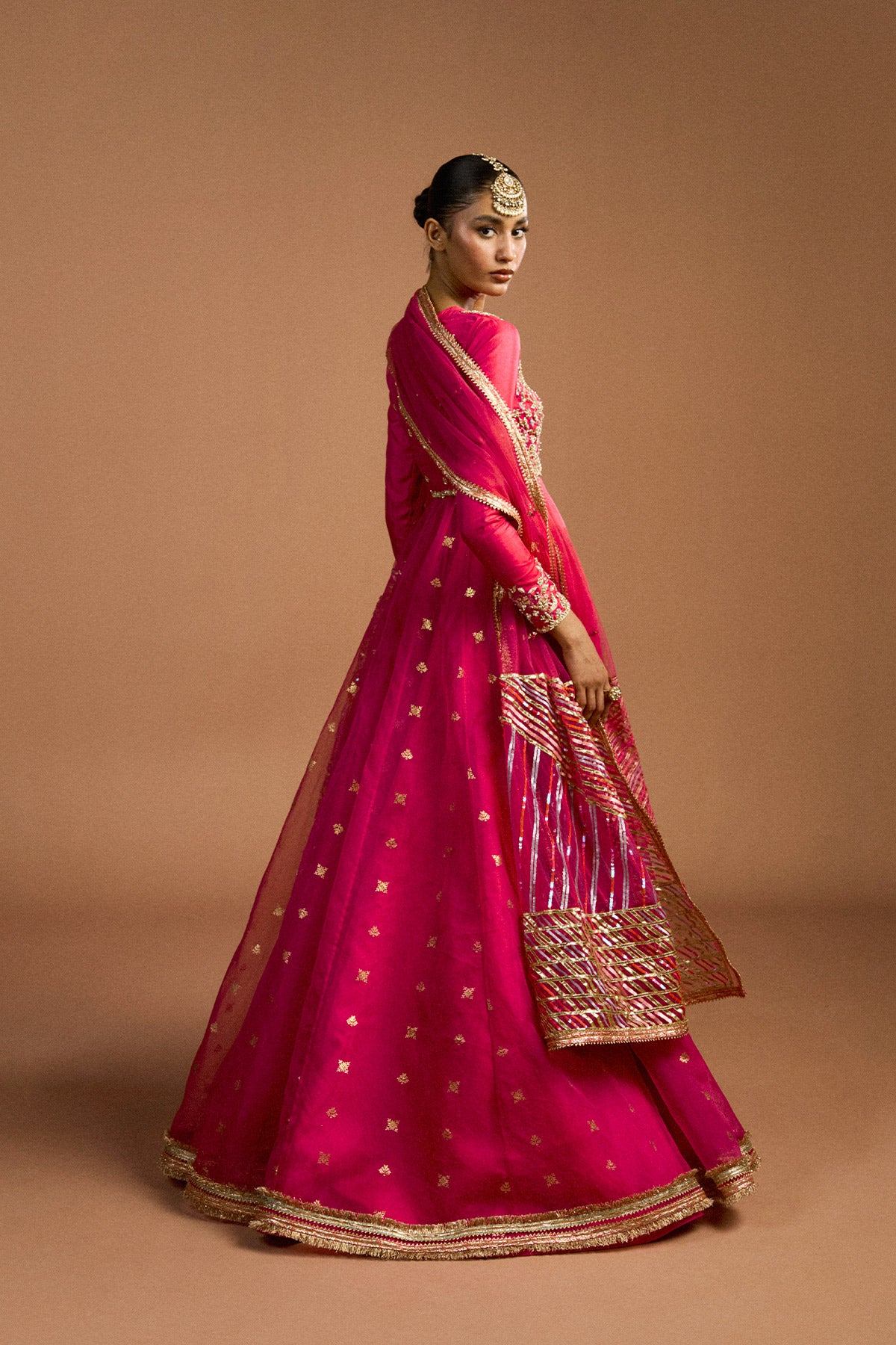 Pakistani Hot Pink Zardozi Organza Pishwas Dress (3-Piece) - Image 4