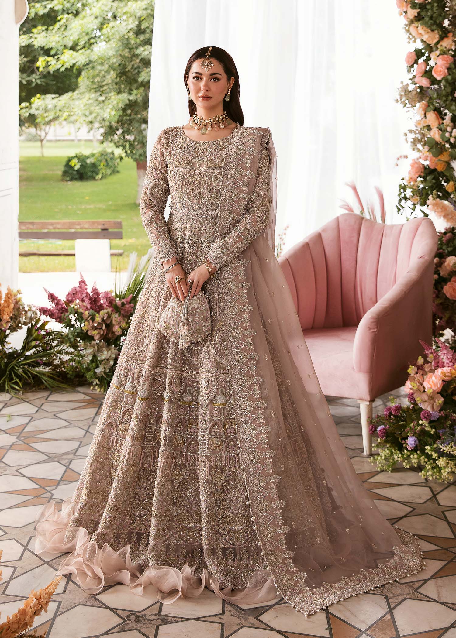 Pakistani Sparkling Pink Embroidered Organza Pishwas Dress (2-Piece) - Image 1