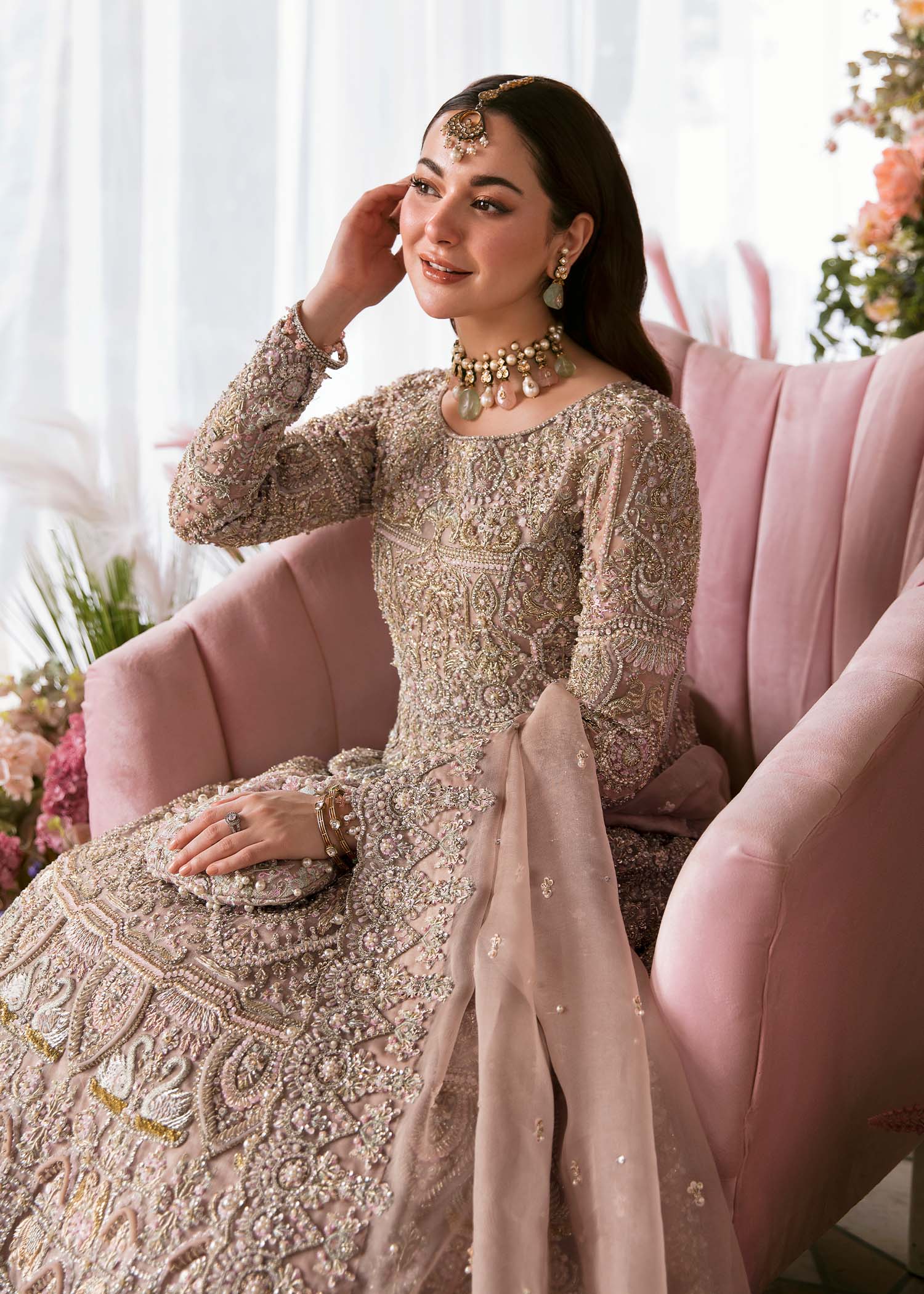 Pakistani Sparkling Pink Embroidered Organza Pishwas Dress (2-Piece) - Image 2