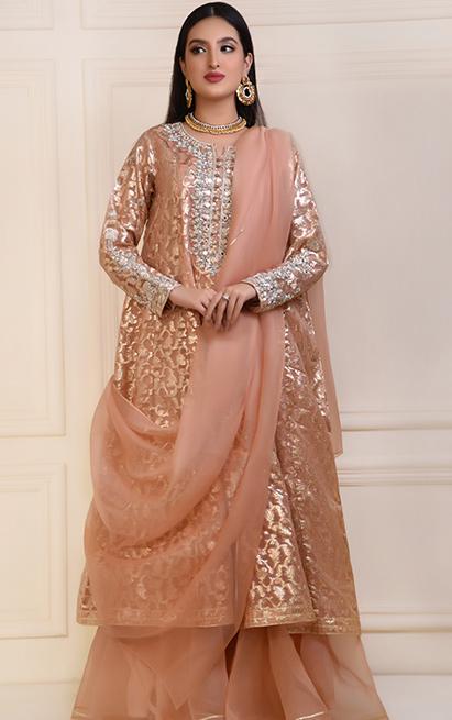 Peach Zardozi Organza Zari Pishwas (3-Piece) - Image 2