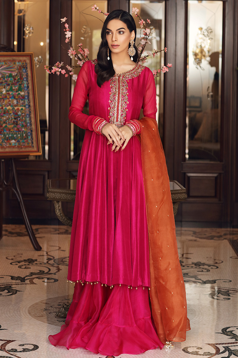 Pakistani Fuchsia Pink Embroidered Raw Silk Pishwas (3-Piece) - Image 1