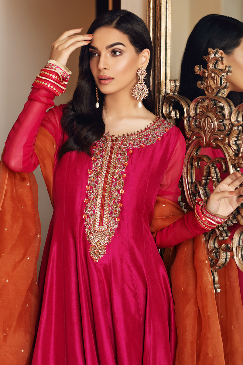 Pakistani Fuchsia Pink Embroidered Raw Silk Pishwas (3-Piece) - Image 2